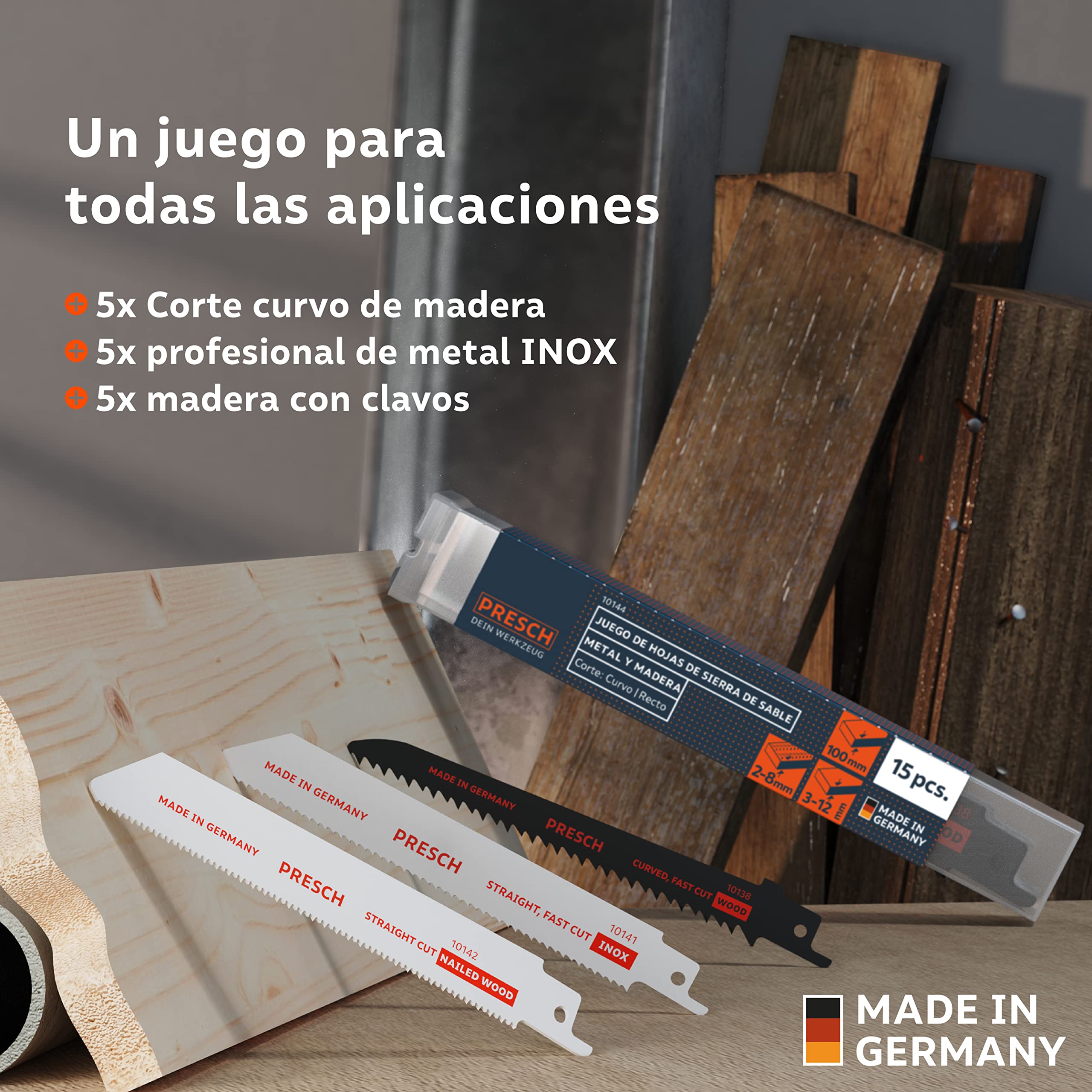 Presch Juego de sierras de sable para madera, metal y acero inoxidable 15 piezas - Juego completo de sierras de sable para cualquier aplicación, incluida la caja - Hojas Sierra Sable