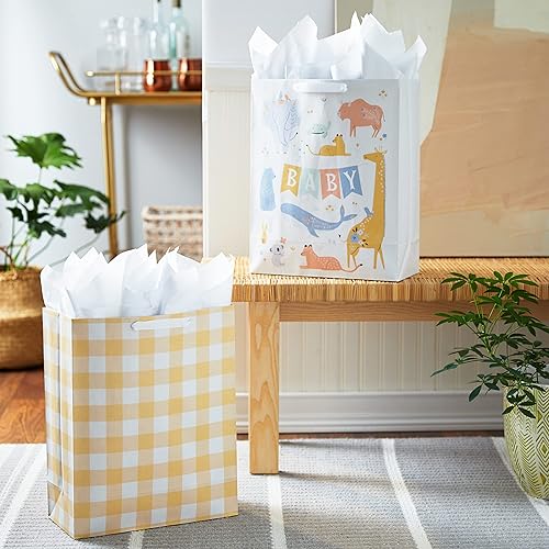 Miniatura 2 de Hallmark Bolsas de regalo extra grandes de 15 pulgadas con papel de seda (2 bolsas Baby Animals, Yellow Gingham) para baby showers, primer