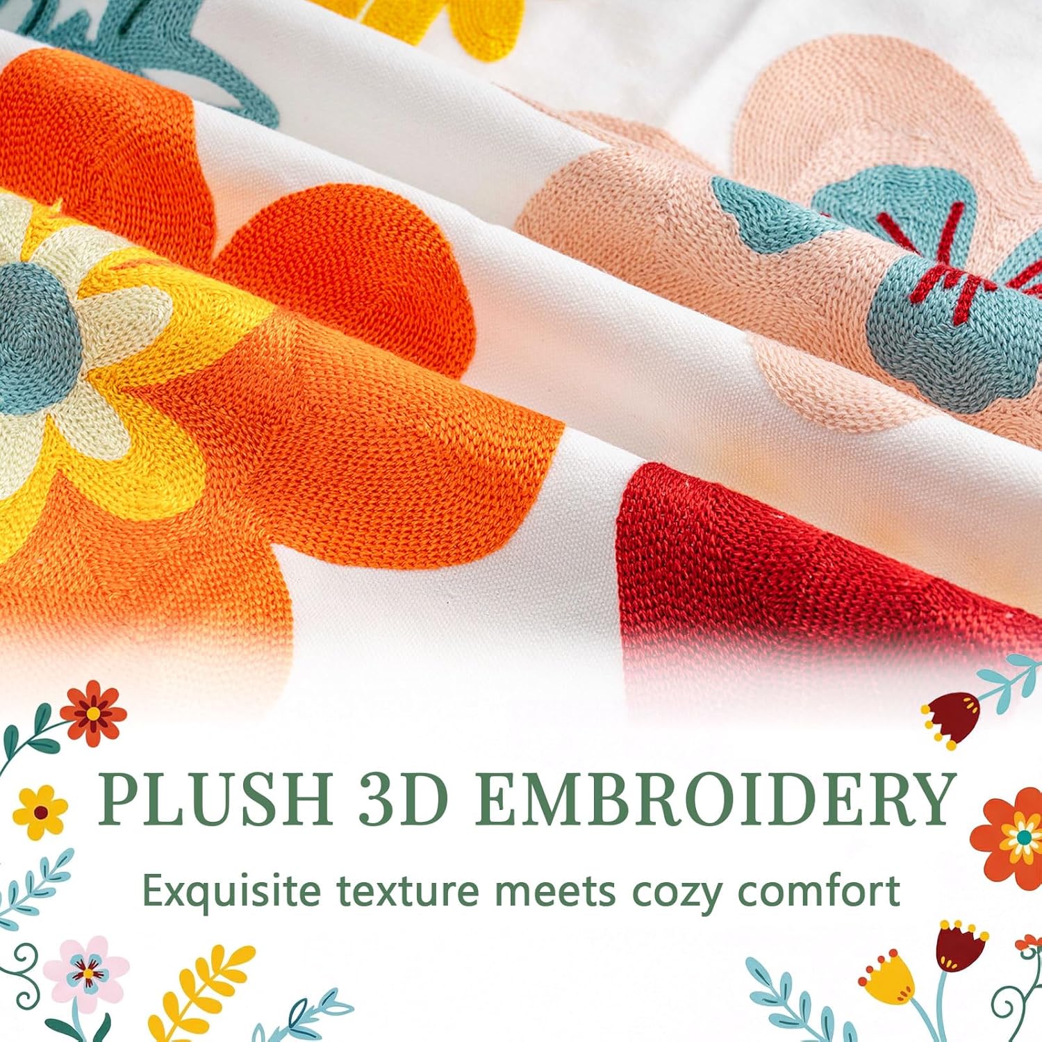 Emvency Embroidered Floral Throw Pillow Covers 18x18 Set of 2, Boho Summer Aesthetic Flower Outdoor Decorative Square Pillow Cases Couch Cushion Case for Couch Bed Sofa Living Room Home Decor