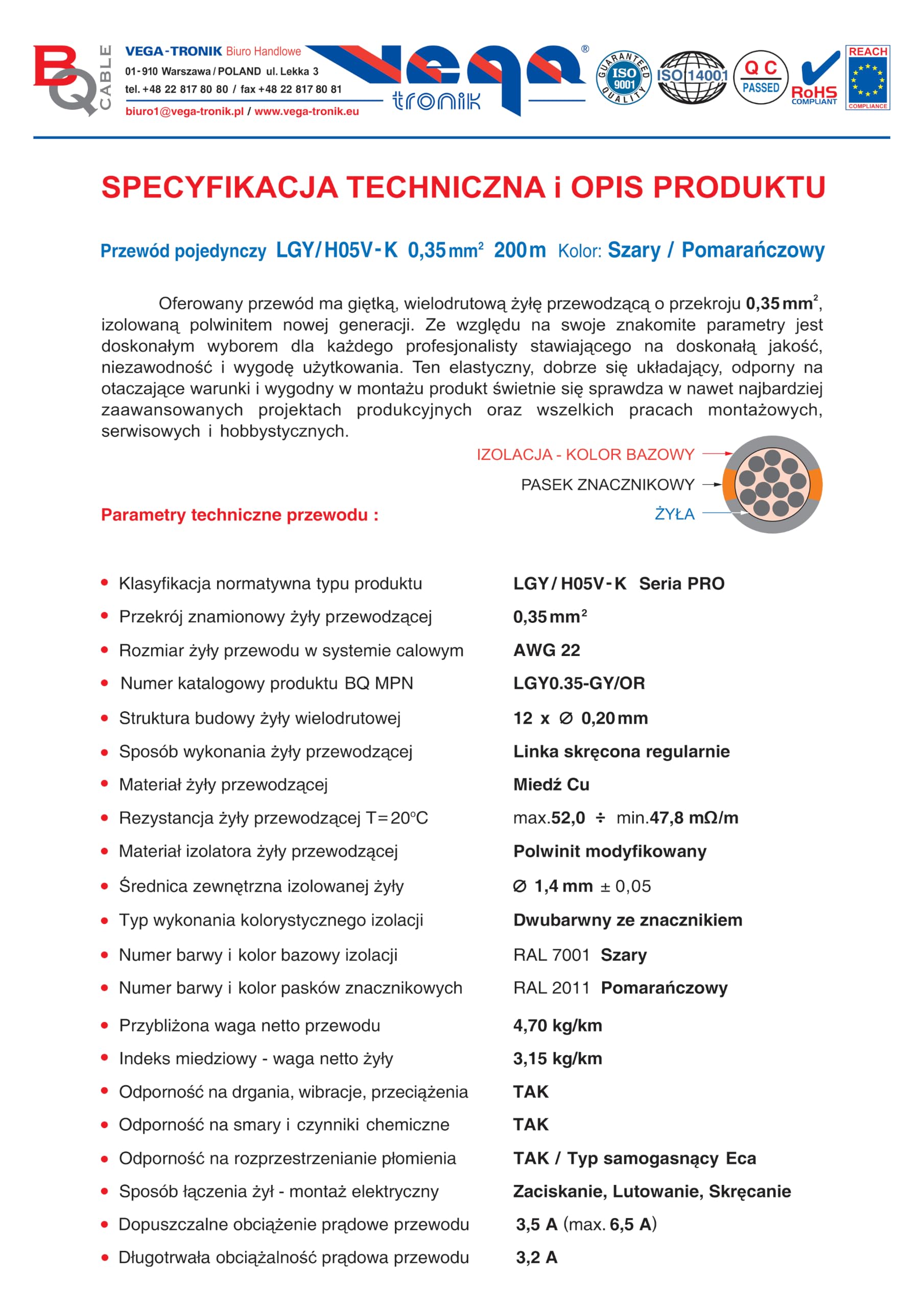 Przewód pojedynczy LGY/ H05V- K 0,35 mm2 200 m Kolor: szary/pomarańczowy