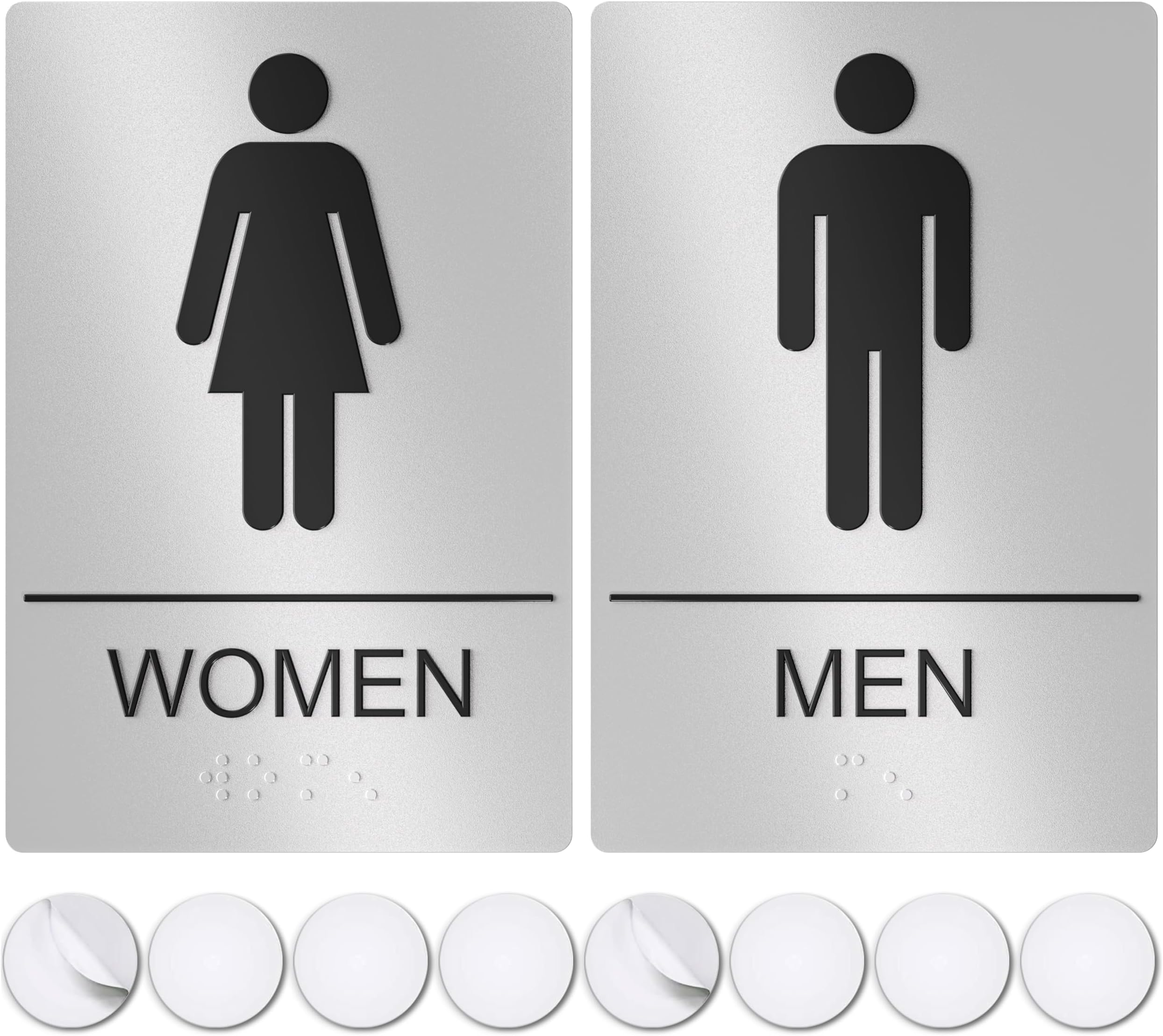 - Unisex Bathroom Signs, Restroom Sign For Business - For Men and Women - 9" by 6" - ADA Compliant with Braille - Strong Double-Sided Adhesives Included - Apply to Office, Home, Public Door/Wall