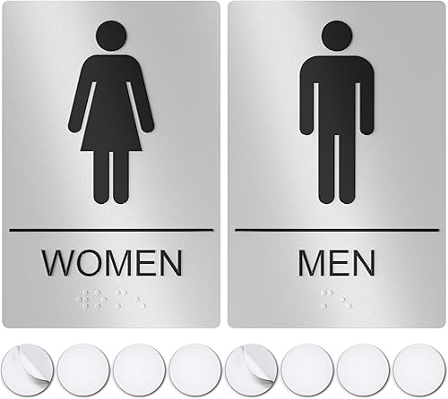 Letreros unisex de baño, letrero de baño para negocios, para hombres y mujeres, 9 x 6 pulgadas, compatible con la ADA con Braille, adhesivos fuertes