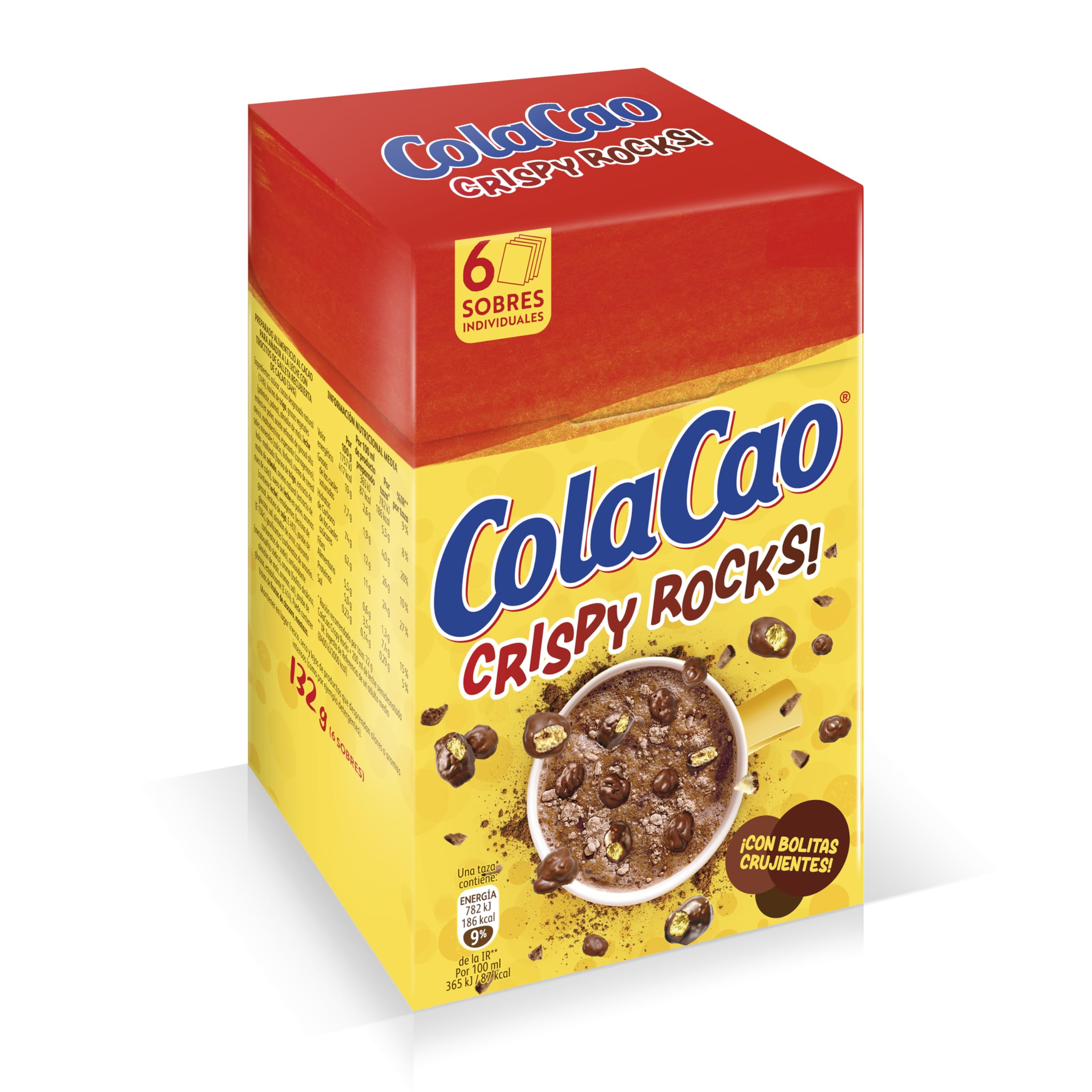 ColaCao Crispy Rocks, Cacao con Bolitas de Galleta Crujientes Recubiertas de Chocolate, 6 Sobres Individuales, 132 g