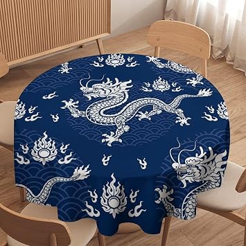Asian Dragon Tablecloth, Chinese Traditional Blue Dragon Fire Cloud Print Table Cover for Kitchen Dinning Room Picnic Parties Farmhouse Home Decor, 36x36in