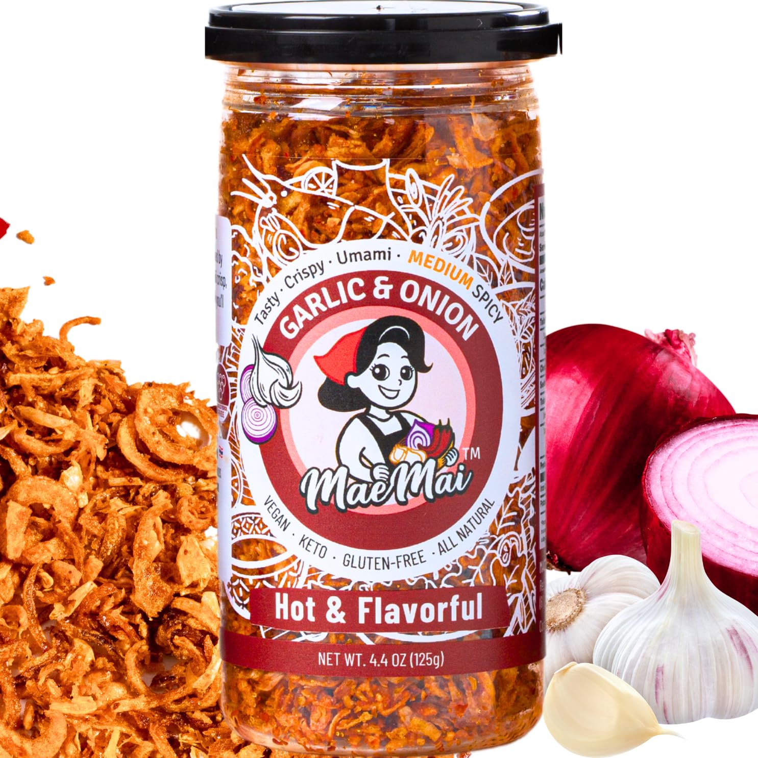MaeMai Chili Crisp (MEDIUM HOT Spice) - Non-Oily Chili Crisp Topper, Rice Seasoning, Ramen Topper, Furikake, Umami Onion & Garlic Flakes | 4.41oz (125g) Resealable Bottle