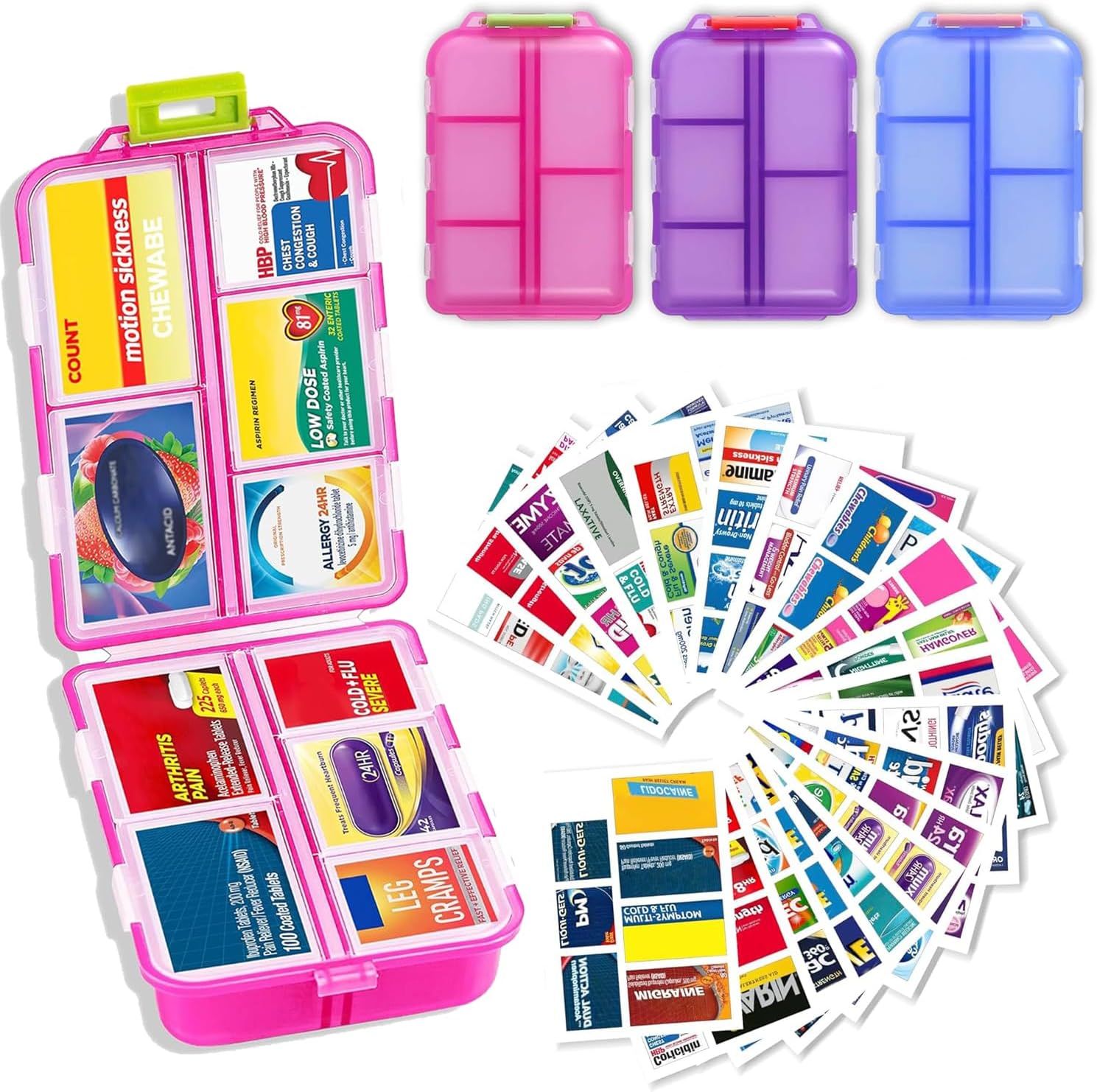 2026 New Extra Large Pill Box with Medicine Labels Travel Essentials Daily Med Container Mini Medication Organizer Storage Organizer Case 7 Day Pill Organizer(Blue+Pink+Purple)