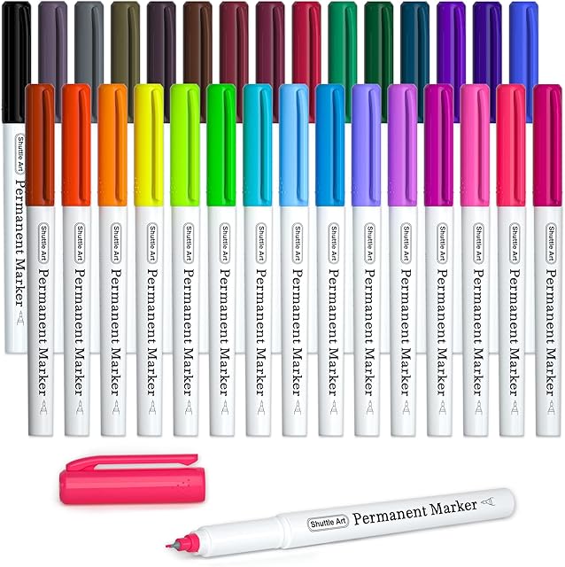 Shuttle Art Permanent Marker, 30 Colours Ultra Fine Tip Permanent Marker Pens, Assorted Colours, Works on Plastic, Wood, Stone, Metal and Glass for Kids Adult Coloring Doodling Marking