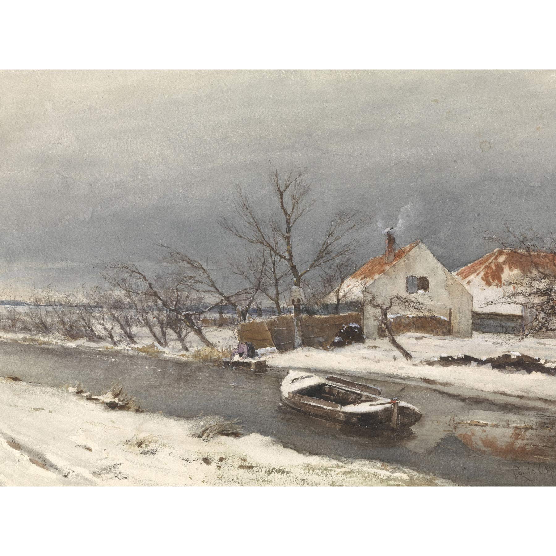 Artery8 Louis Apol Winter Landscape Houses Canal Painting Premium Wall Art Canvas Print 18X24 Inch