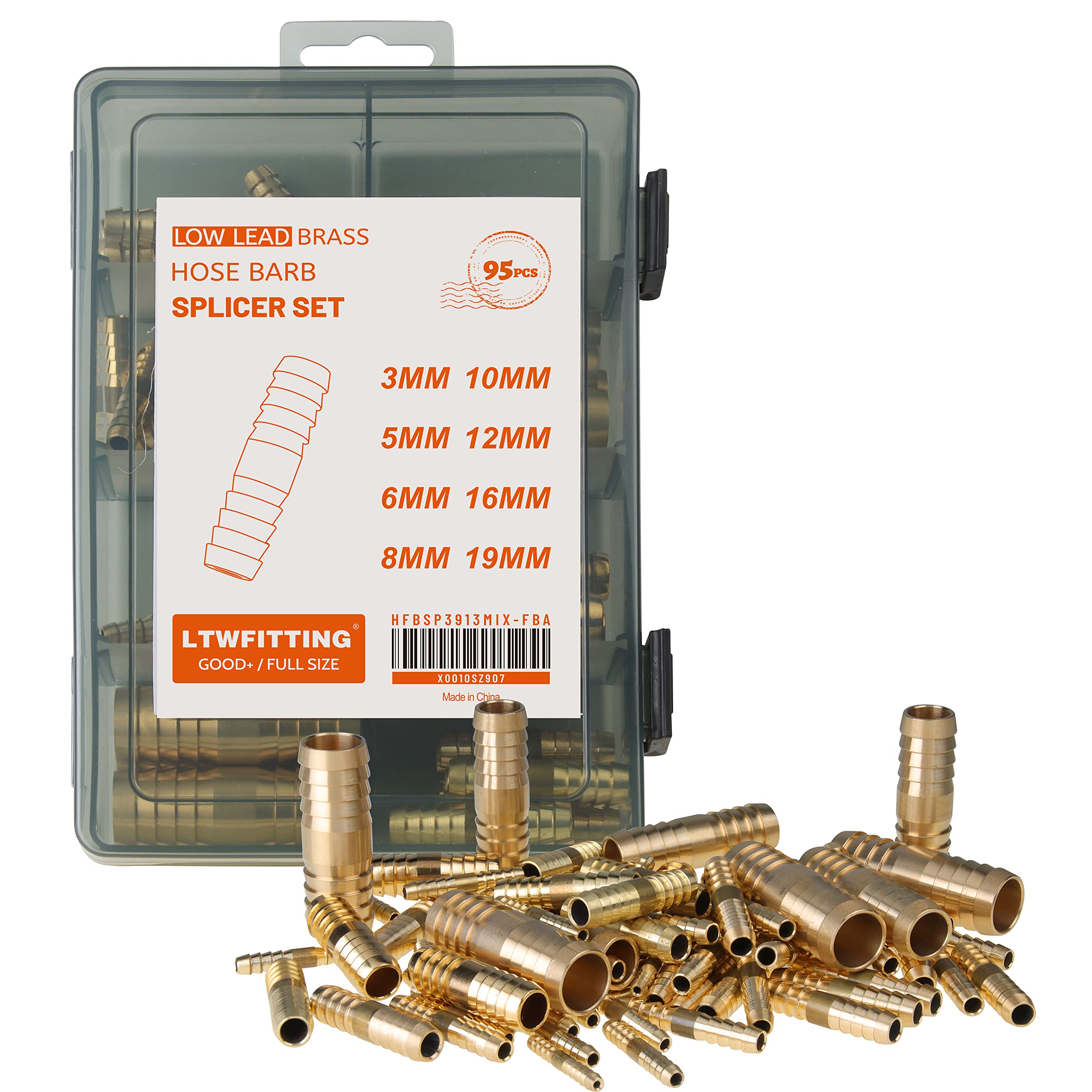 LTWFITTINGAssortment Kit Hose ID 3mm 5mm 6mm 8mm 10mm 12mm 16mm 19mm Brass Hose Barb Splicer Set (Pack of 95)