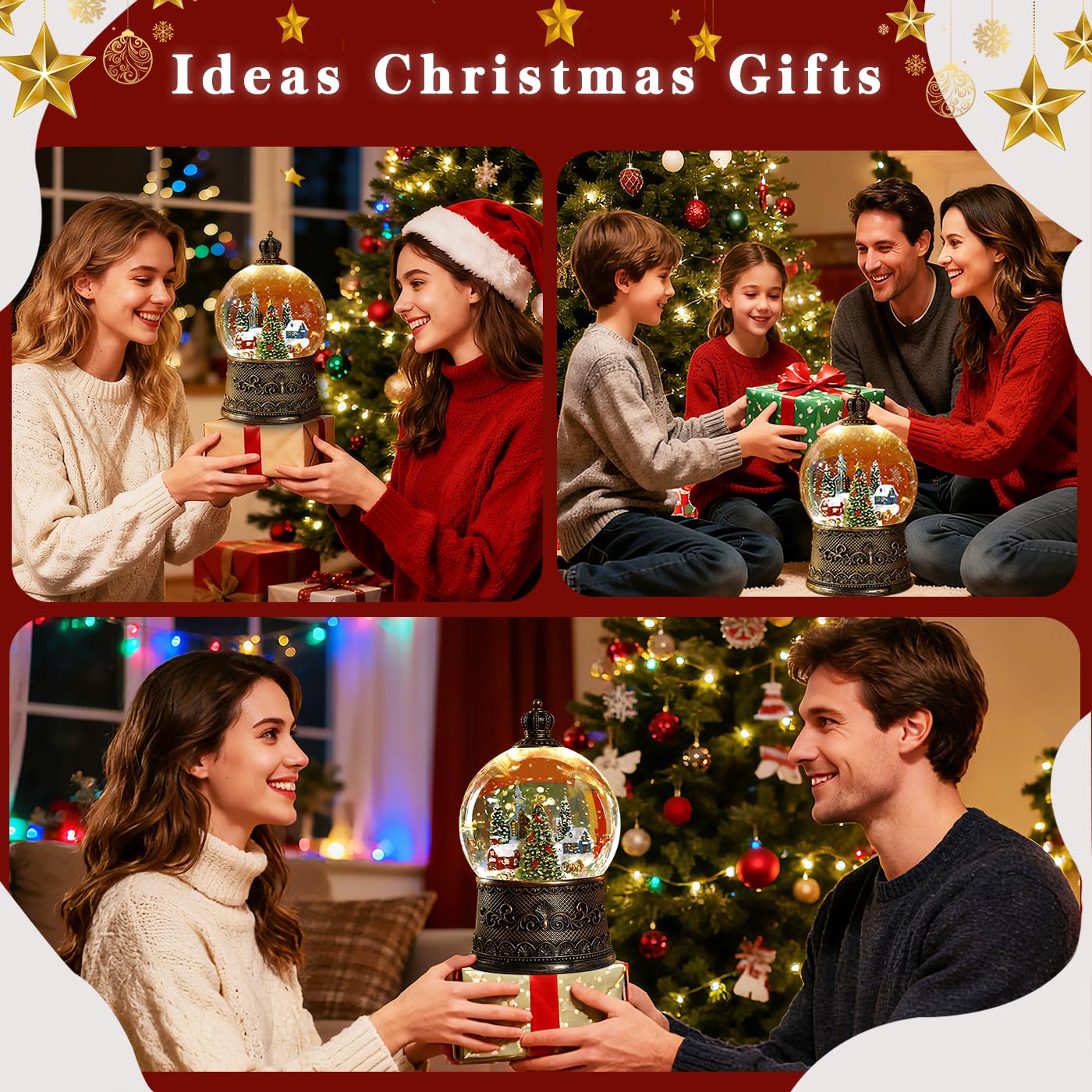 Boule à neige de Noël de 100 mm avec musique et fontaine Lanterne de Noël Décorations Village enneigé avec grand sapin de Noël Double mode d'alimentation : USB et piles