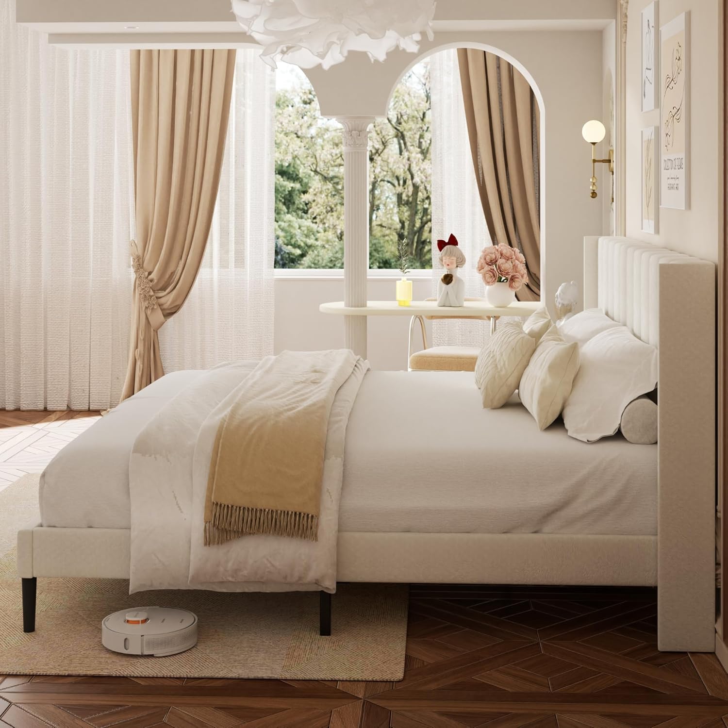 Full Size Velvet Bed Frame with Vertical Chanel Tufted Headboard and Wingback, Upholstered Platform Bed, No Box Spring Needed, Strong Wooden Slats, White - Image 8