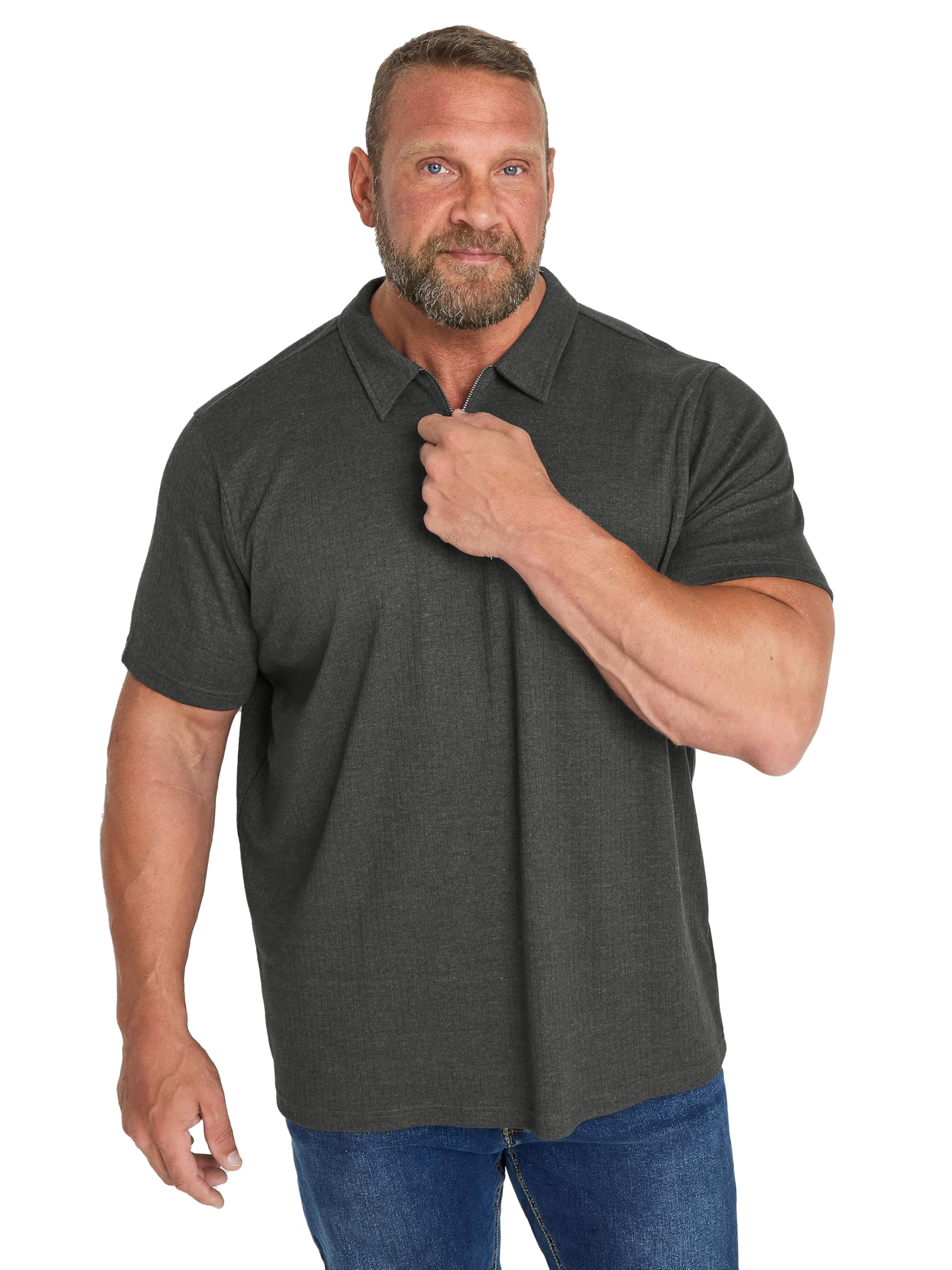Badrhino Men's Grey Big & Tall Charcoal Jacquard Zip Neck Polo Shirt - Plus Curve 3XL Plus
