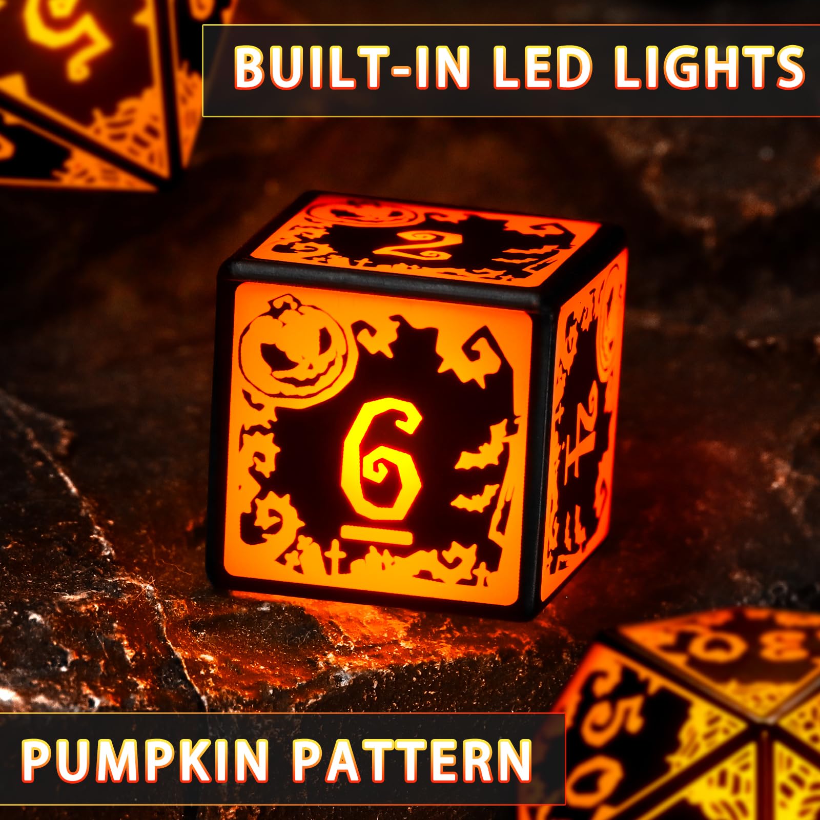 FONVGOGO Juego de dados DND con luz LED, recargables, poliédricos, con estuche de carga para juegos de mesa de Dungeons and Dragons (Pumpkin Orange)