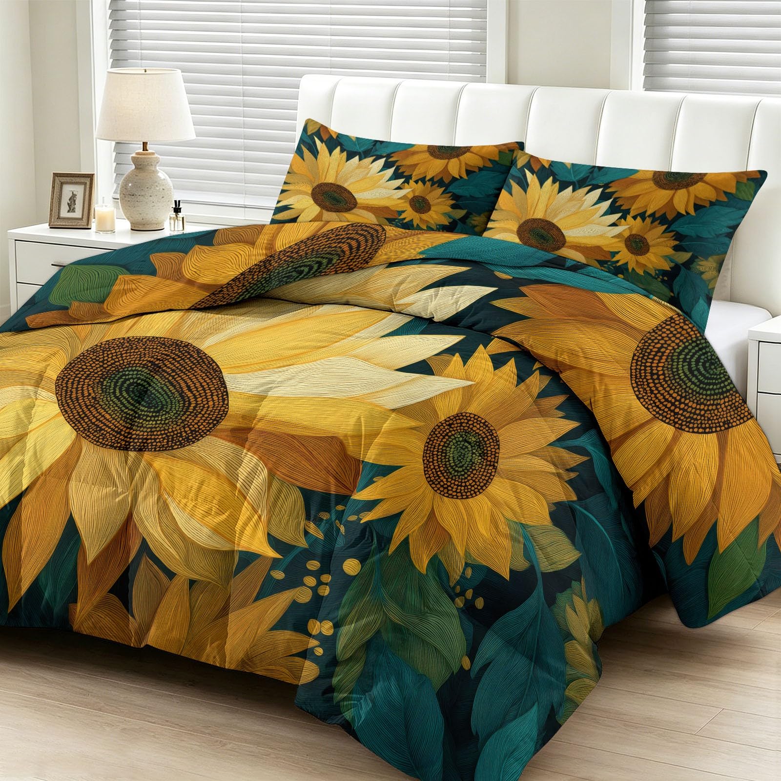 Set copripiumino trapuntato king size con semi di girasole, 7,5 Tog, reversibile, stile rustico, per tutte le stagioni, leggero, lavabile in lavatrice, 230 x 220 cm