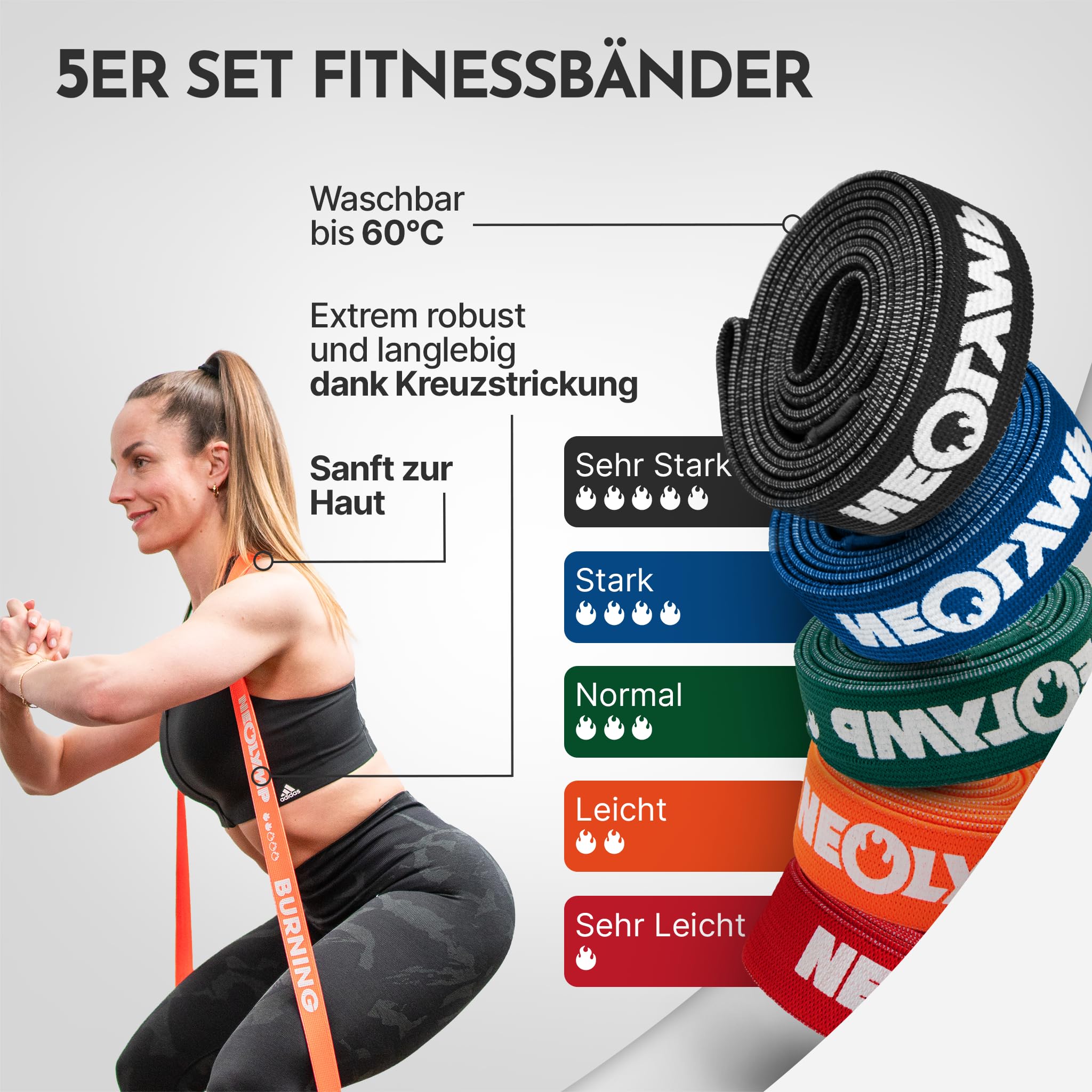 NEOLYMP Lange Fitnessbänder Stoff mit Fitness Zubehör - waschbare Resistance Bands, Widerstandsbänder, Gymnastikband, Fitnessband, Trainingsbänder, Klimmzugbänder, Krafttrainingssets