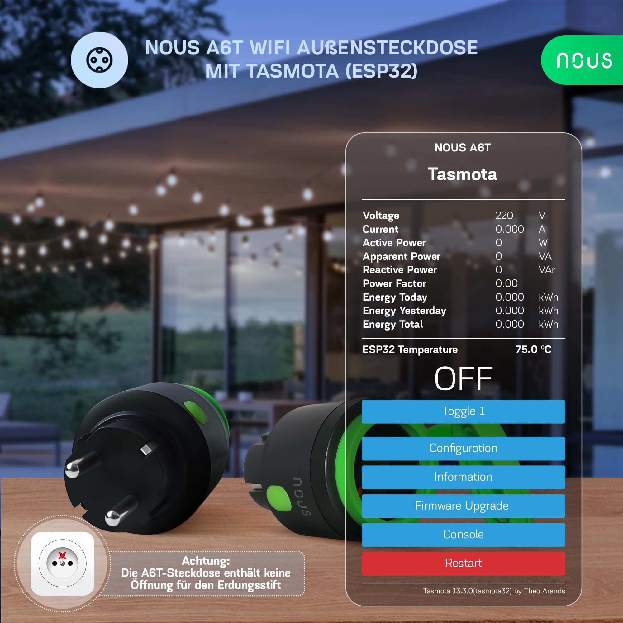 NOUS A6T Tasmota Smart gniazdko zewnętrzne ESP32, wodoszczelne gniazdko IP44, gniazdko 16 A z zużyciem prądu, licznik prądu, timer, kompatybilne z Alexa, Google Home Assistant, MQTT, WiFi 2,4 GHz