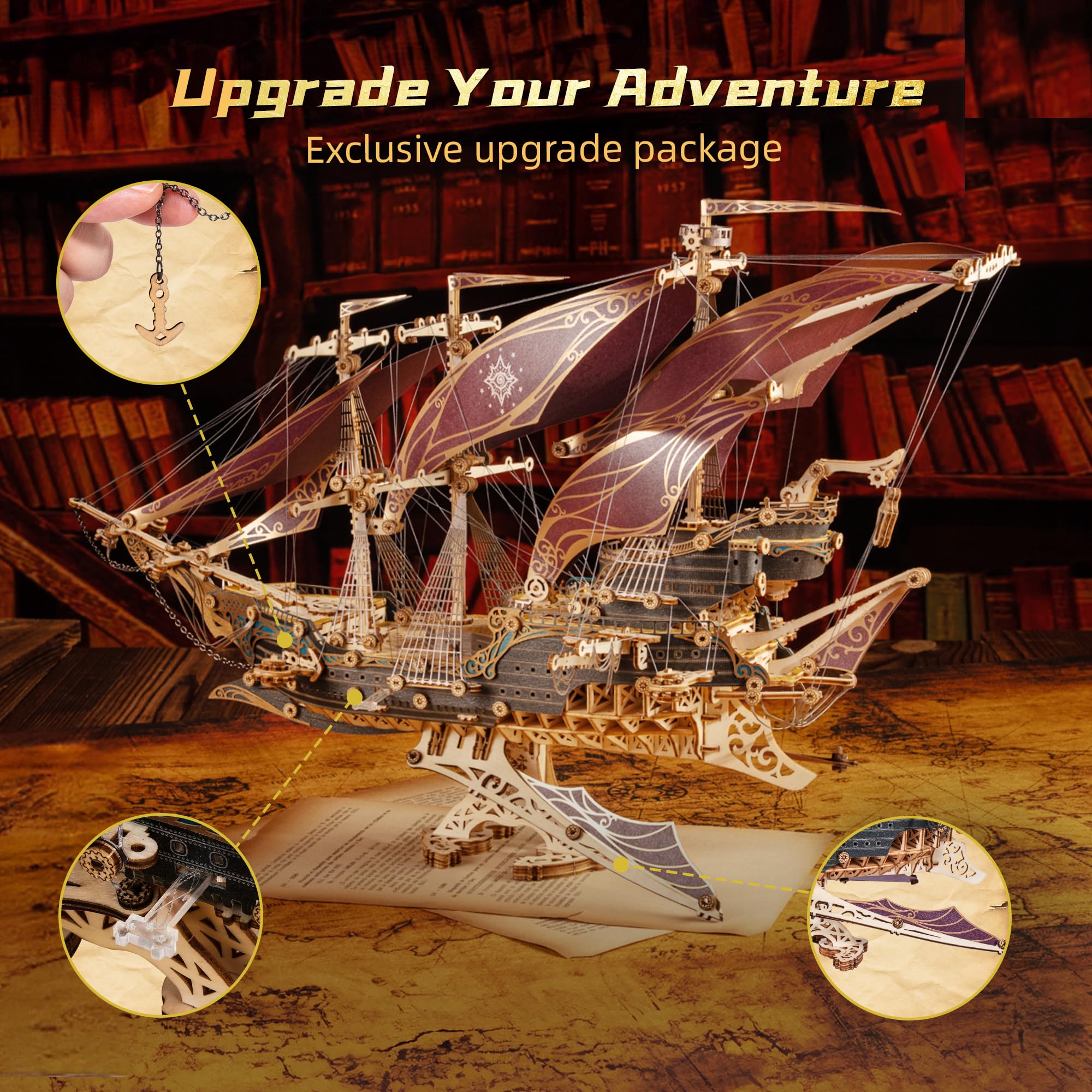 FUNPOLA 3D Holzpuzzle Piratenschiff Modell – Segelschiff Bausatz, Abenteuer, Wohnkultur Dekoration, kreatives Geschenk für Erwachsene und Jugendliche(Lila)