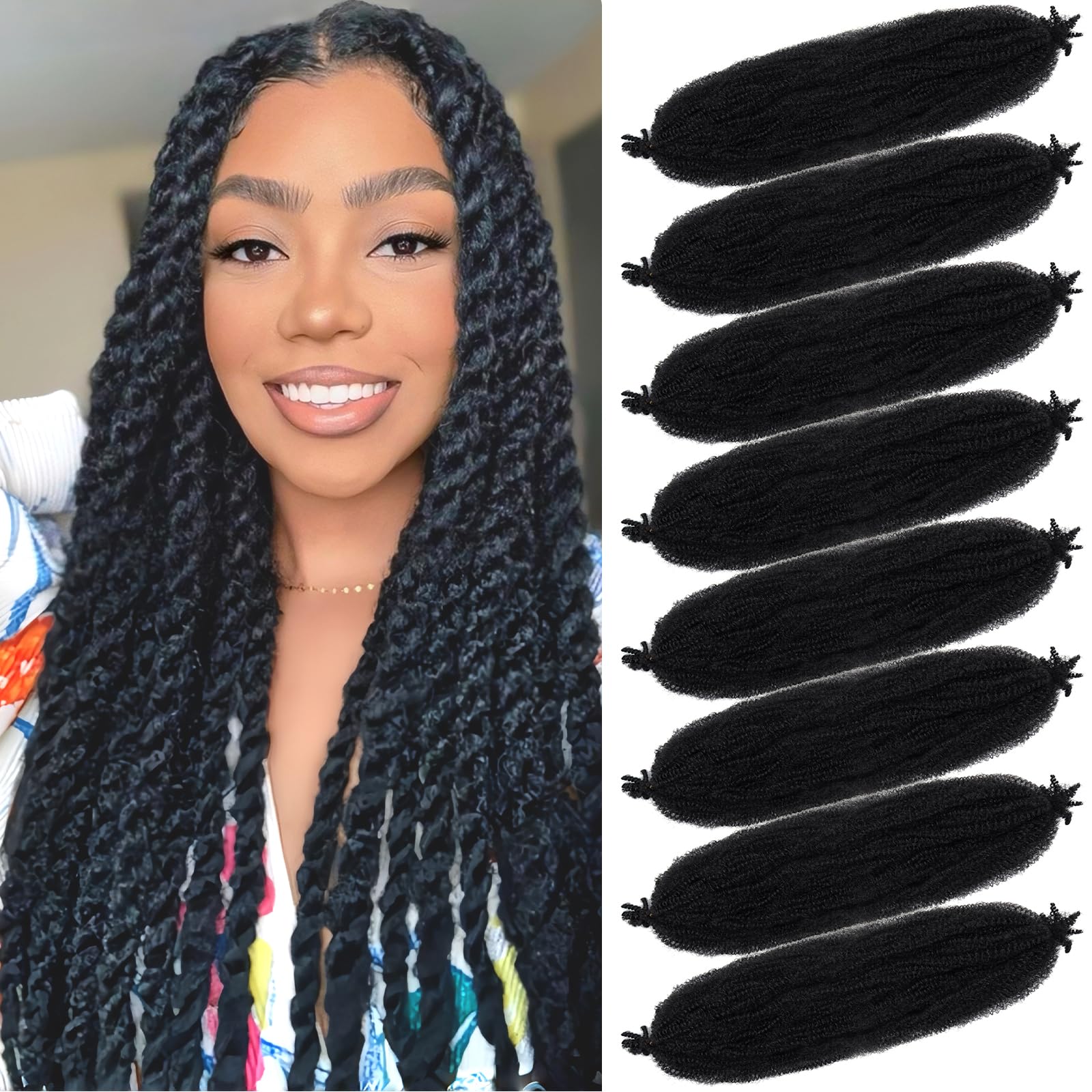 Springy Afro Twist Hair 8 Packs Marley Twist Braiding Hair Pre Separated Spring Twist Hair for Faux Locs Crochet Hair Kinky Twist for Braiding Synthetic Hair Extensions (1b#, 24inch(Pack of 8)