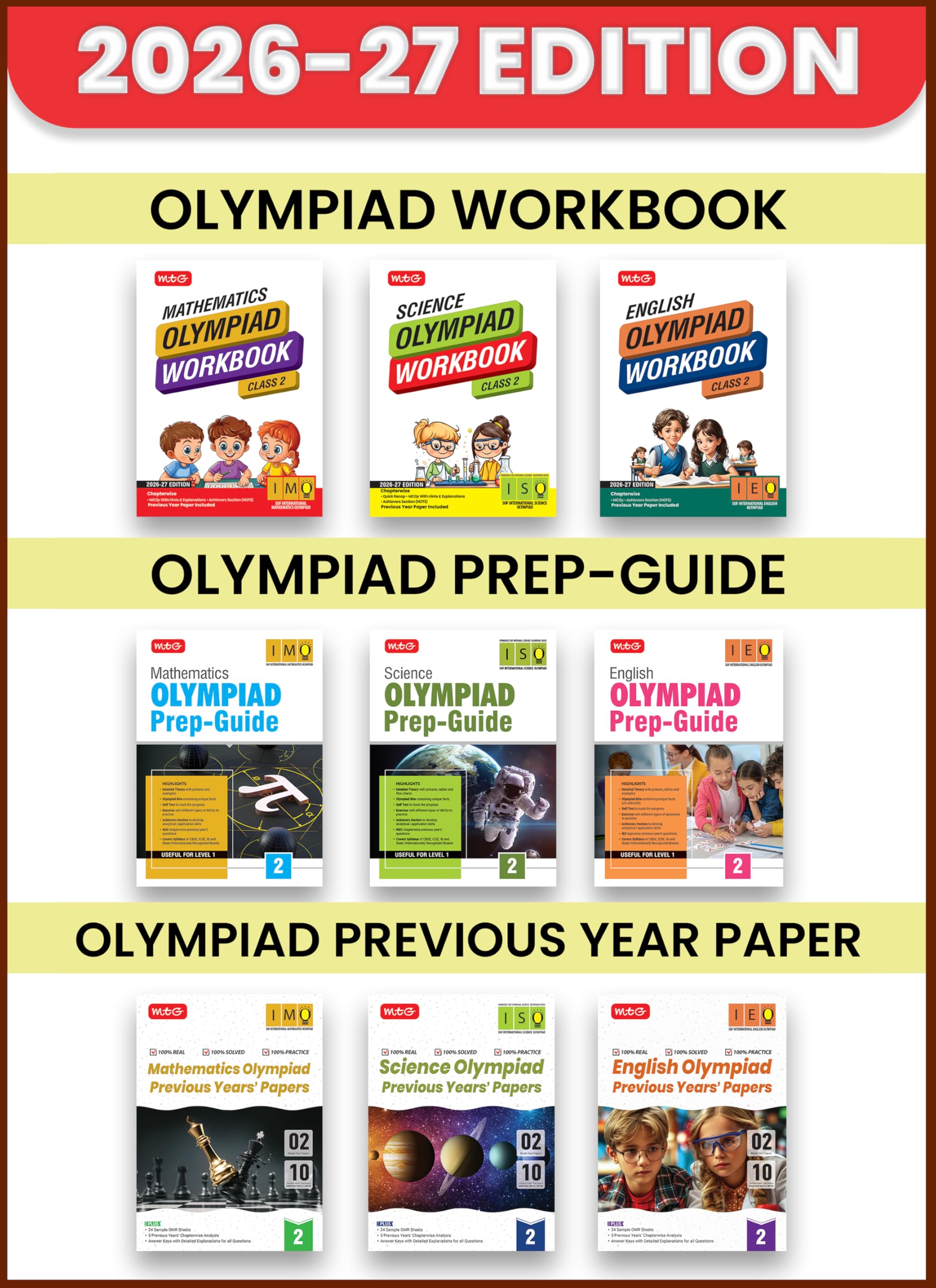MTG Mathematics, Science, English Olympiad (IMO-ISO-IEO) Workbook, Prep Guide & Previous Years Papers Class 2 (PYQs) with Mock Test Paper - SOF Olympiad Books For 2026-27 Exam (Set of 9 Books)