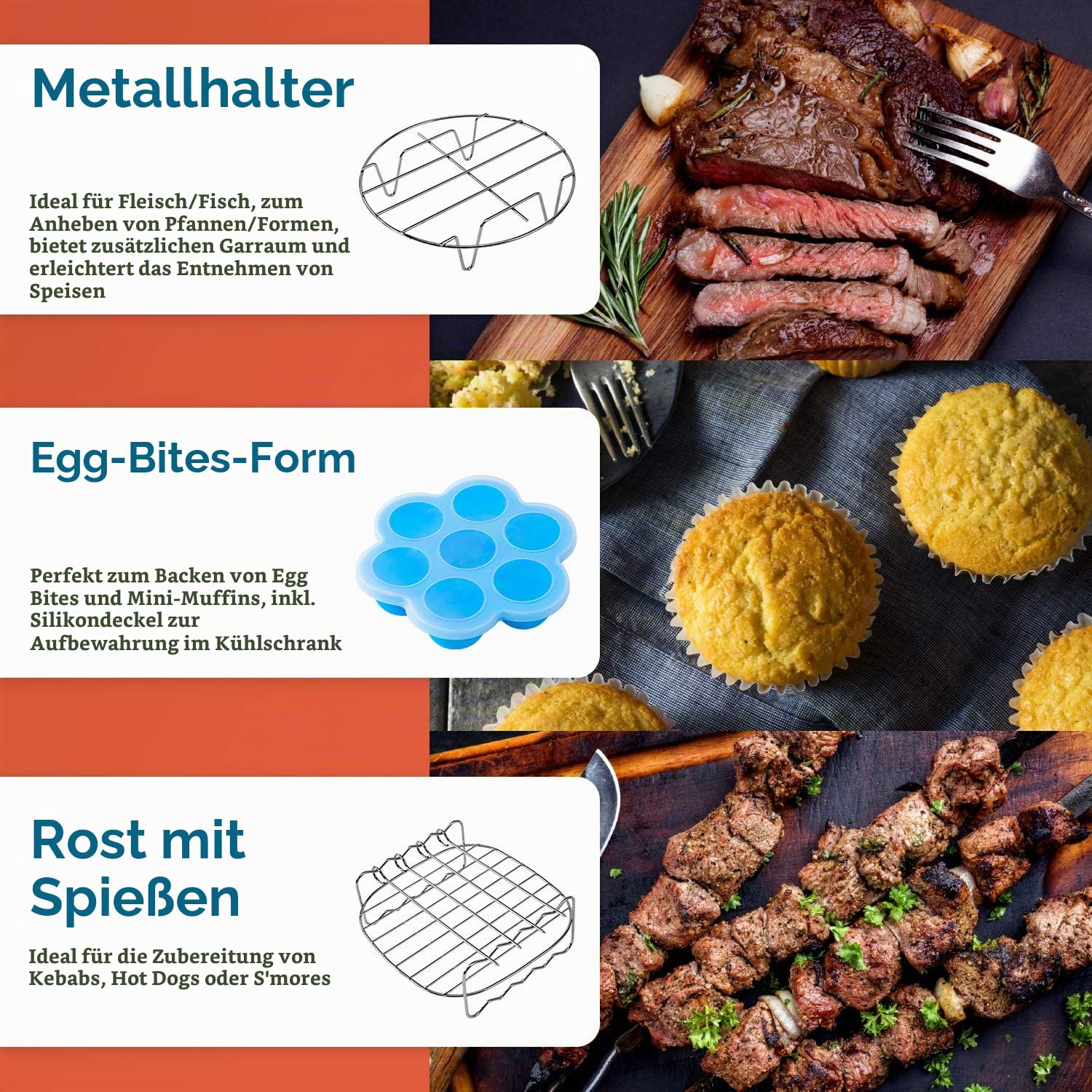 COSORI Heißluftfritteuse Zubehör, Sechsteiliges Zubehörset für 3,5 Liter Fritteusen Air Fyer, Backform, Pizza Pan, Grillrost, Dämpfen Rack, Silikonmatte, Muffinform, C137-6AC