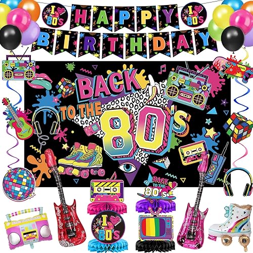 Decoraciones de fiesta de cumpleaños de los años 80 que incluyen telón de fondo, pancarta, remolinos colgantes, centros de mesa de panal para