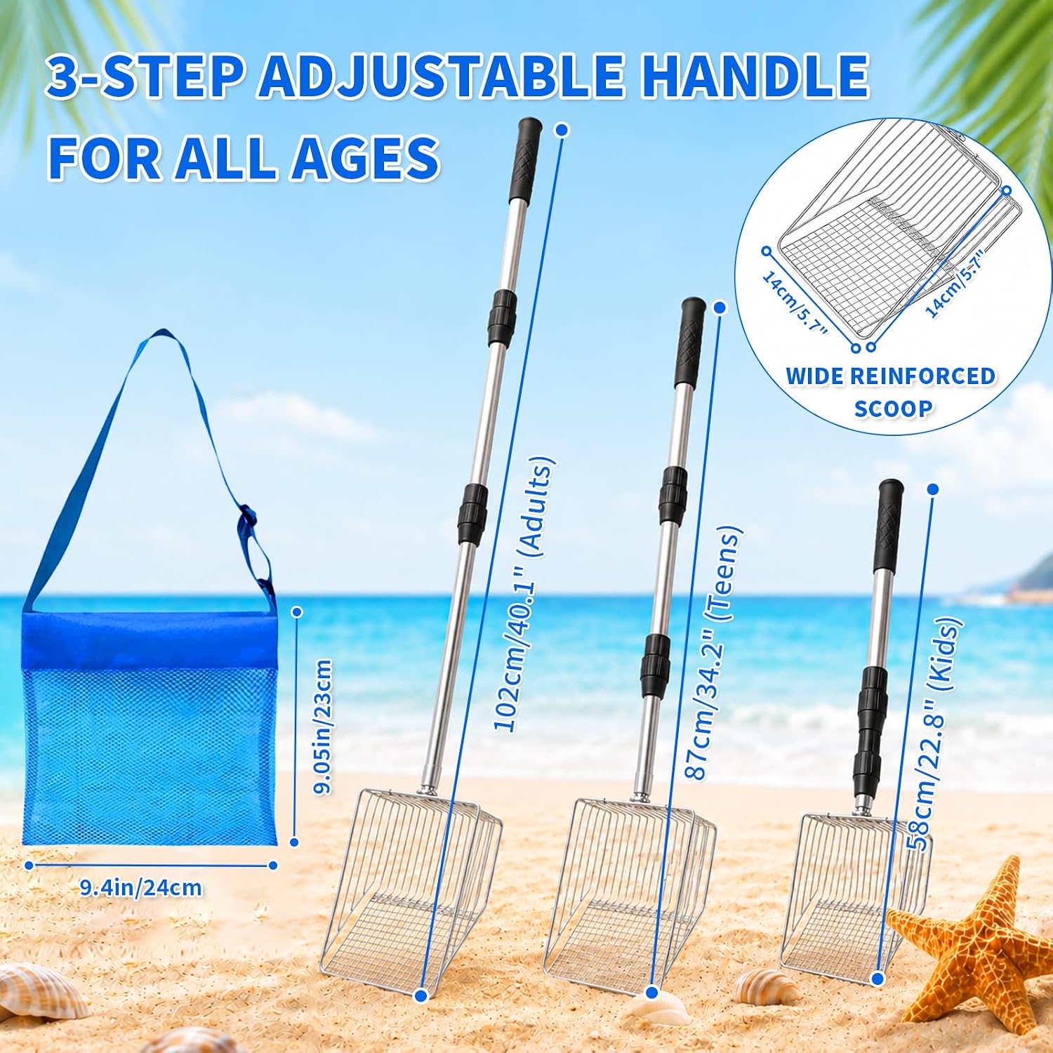 6 Pack Shark Tooth Sifter with Mesh Shell Bags, Beach Sand Sifter for Shark Teeth, Beach Sifter & Shell Scooper for Beach, Retractable Beach Shovel for Adults and Kids