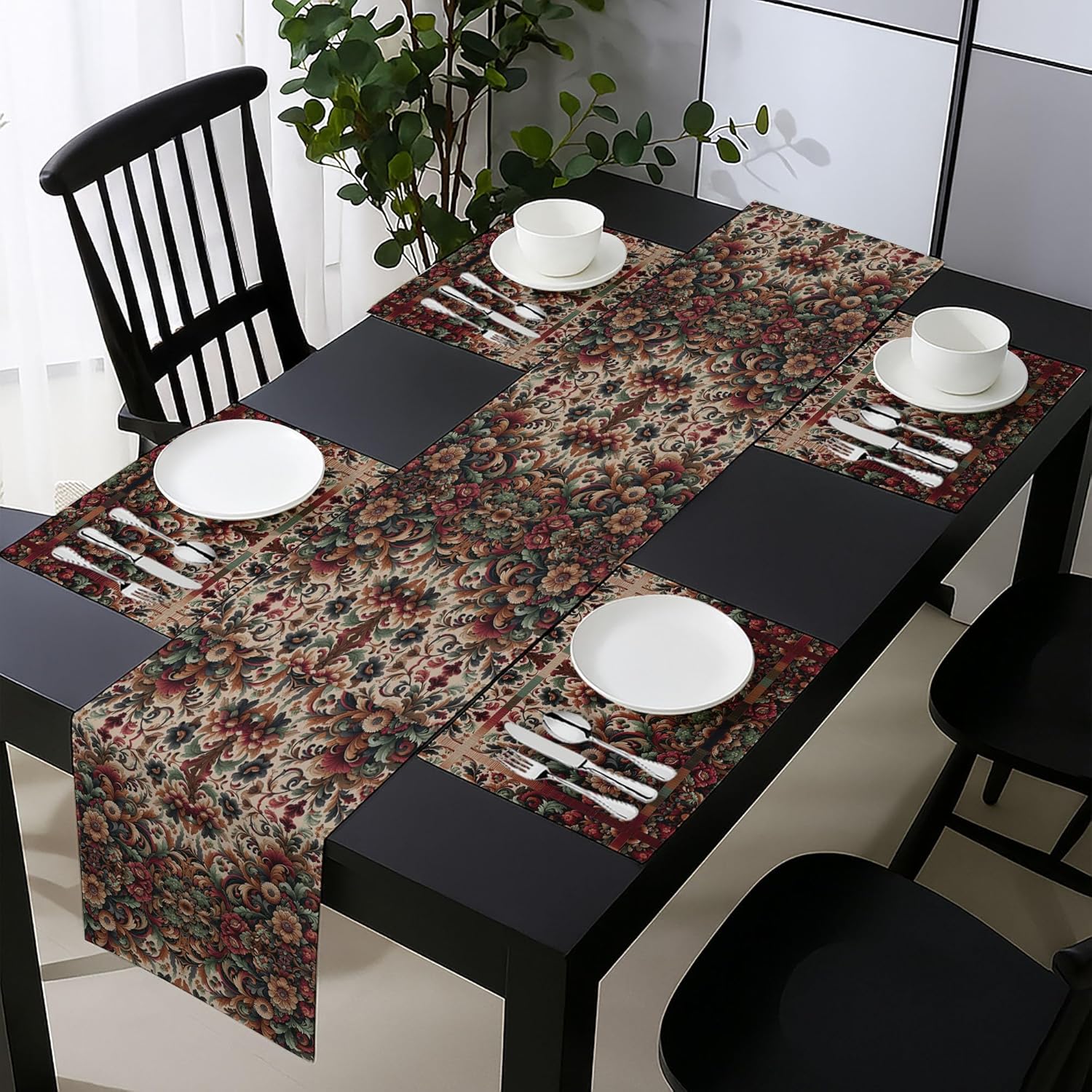 Ambesonne Floral Table Runner & Placemats, Dreamy Flower Scene with Medieval Curlicue Leaves Victorian Vibes, Set for Dining Table Decor, Placemat 4 pcs + Runner 16"x72", Ruby Laurel Green and Camel