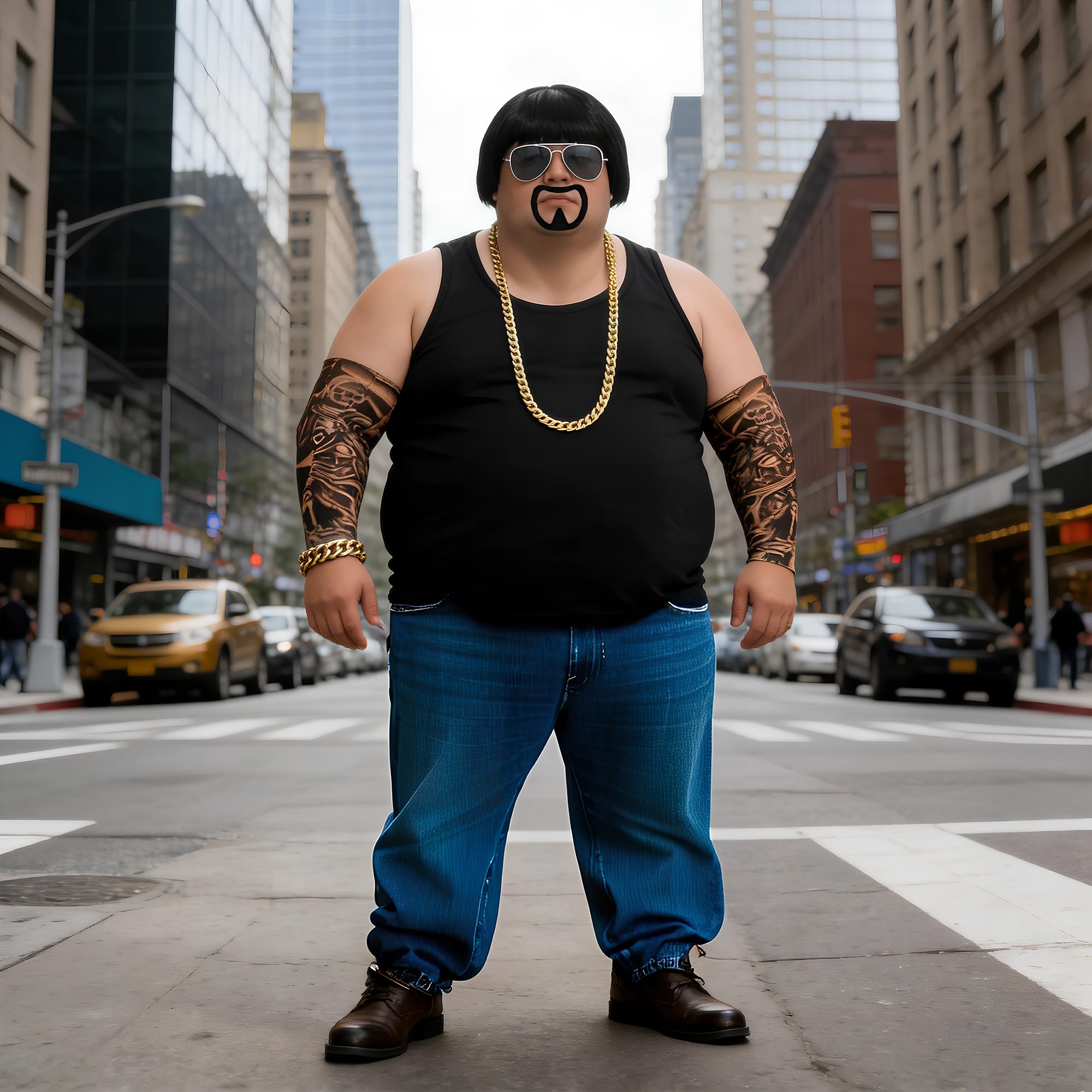 MOSNOW Costume Kit, 9PCS Funny Fancy Dress with Bowl Cut Wig, Tattoo sleeve,Goatee & Gold Chain, Black and Gold - Image 3