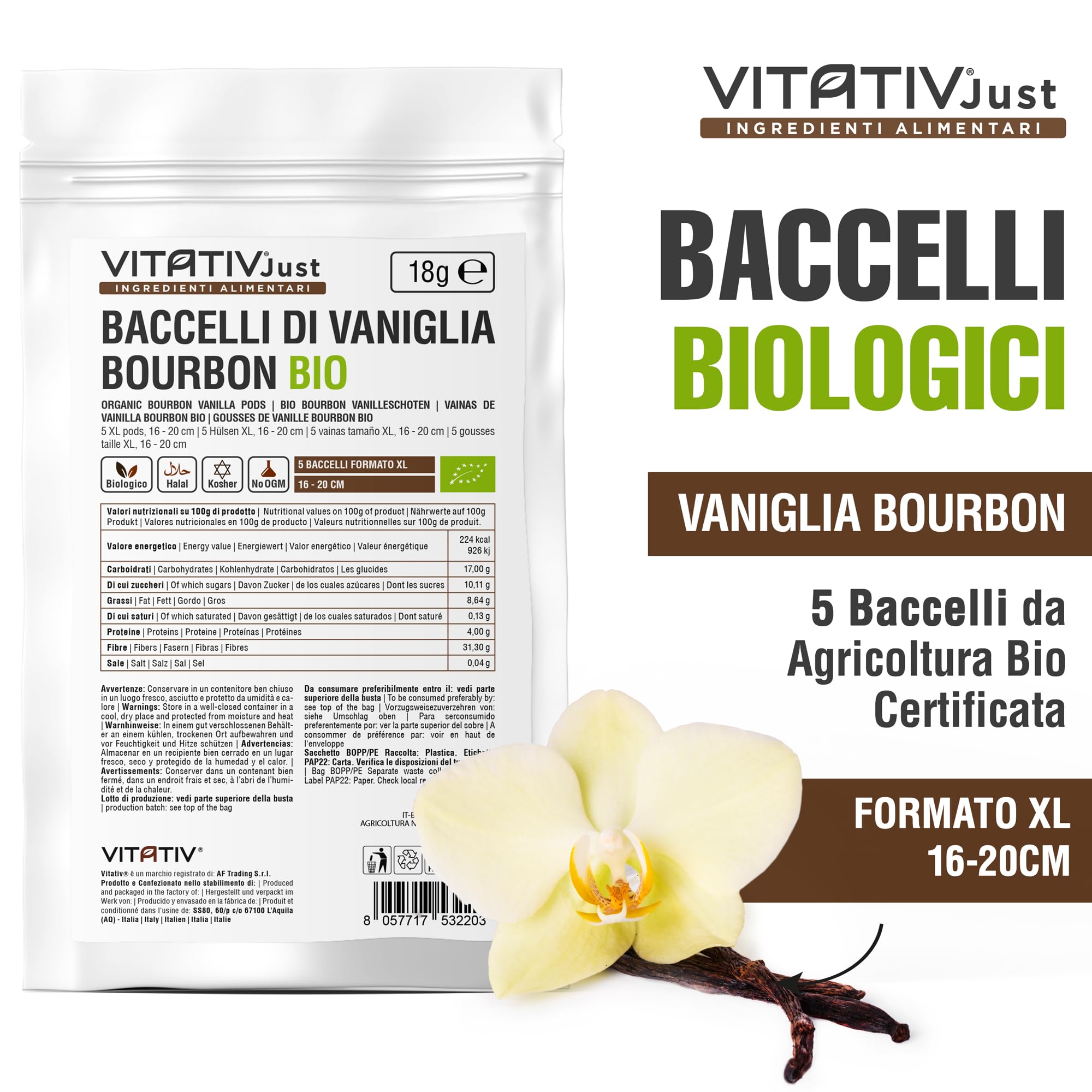 Baccelli di Vaniglia Bourbon BIO 5 pezzi XL 16-20 cm del Madagascar da Agricoltura Biologica - Prima Qualità - VITATIV - 18gr