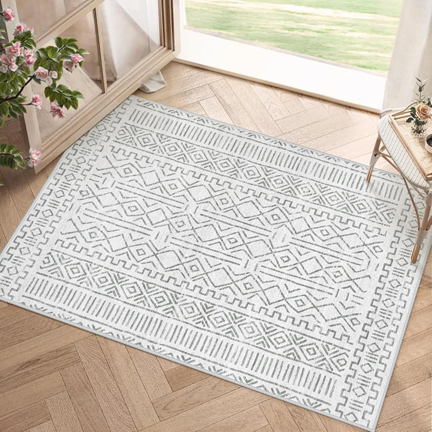 2x3 Rug Entryway Rugs: Washable Boho Small Geometric Moroccan Printed Pattern Rug Modern Indoor Soft Non Slip Ultra Thin Front Door Mat for Kitchen Bedroom (BeigeGray, 2'x3') Beigegray 2' x 3' (Rectangular)