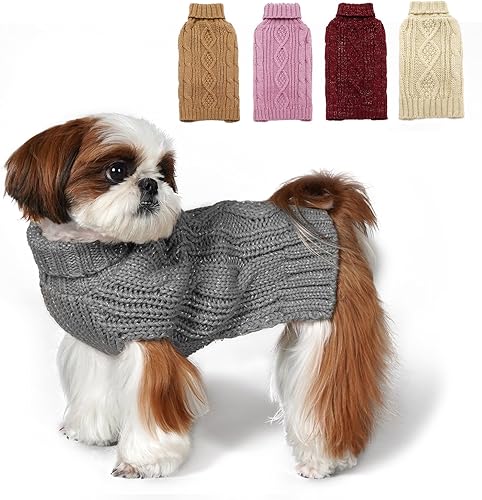 Miniatura 9 de KYEESE Suéteres para perros pequeños con hilo dorado, cuello alto, suéter de punto trenzado para perro para clima frío, morado, talla S