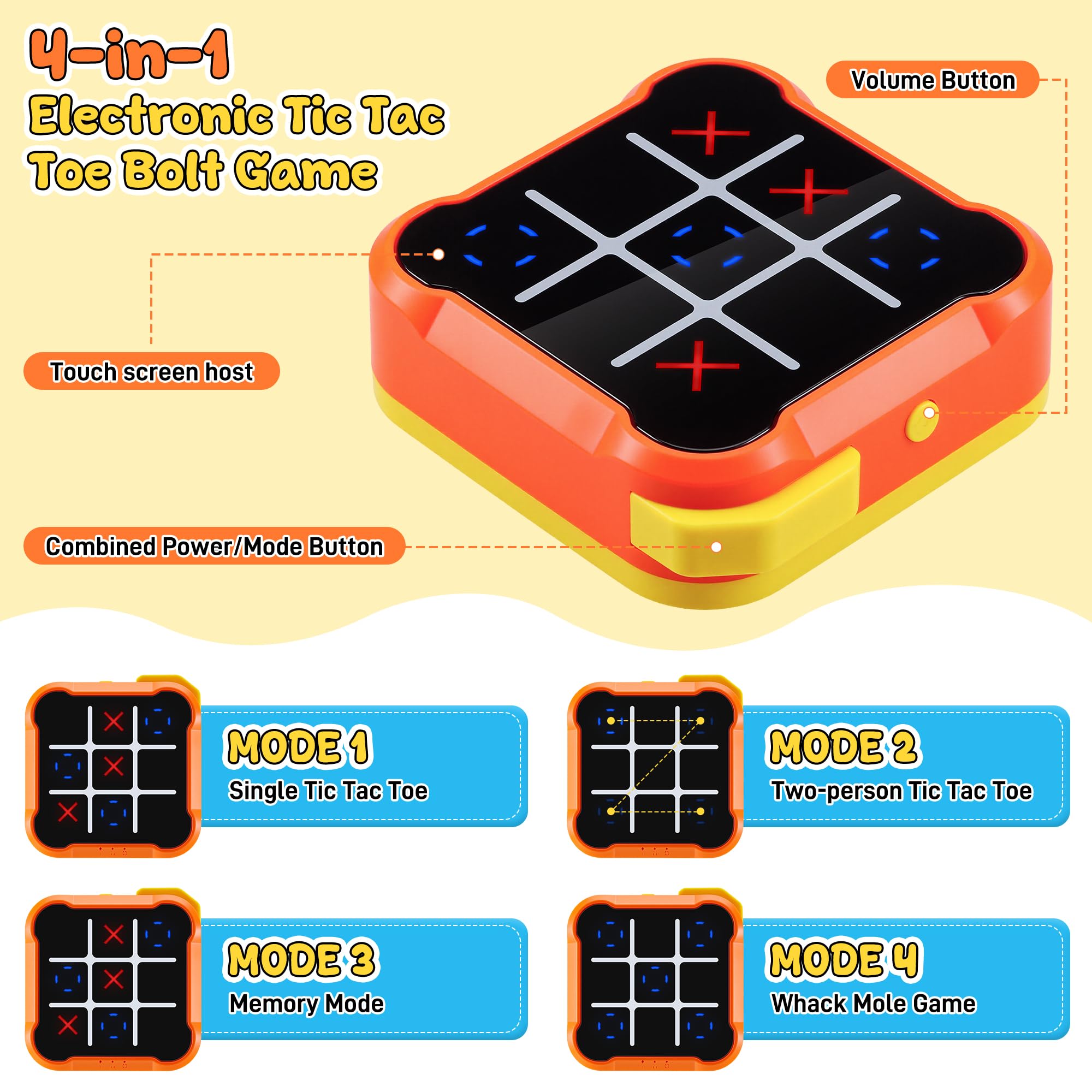 Elettronico Tic Tac Toe Bolt Gioco 4-in-1, Console Giochi Tris Elettronico Silenziosa, Giochi Portatili da Viaggio, Gioco di Reazione e Logica per Adulti, Ricaricabile (1-4 Giocatori), Arancione