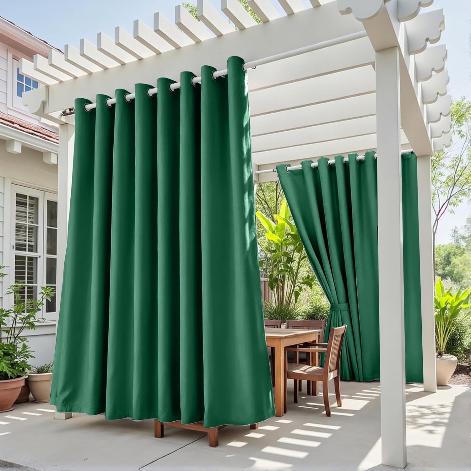 Outdoor Patio Curtain Waterproof Darkening Sun Blocking Grommet Curtains for Porch, Pergola, Cabana,Set of 2 Panels，Forest Green