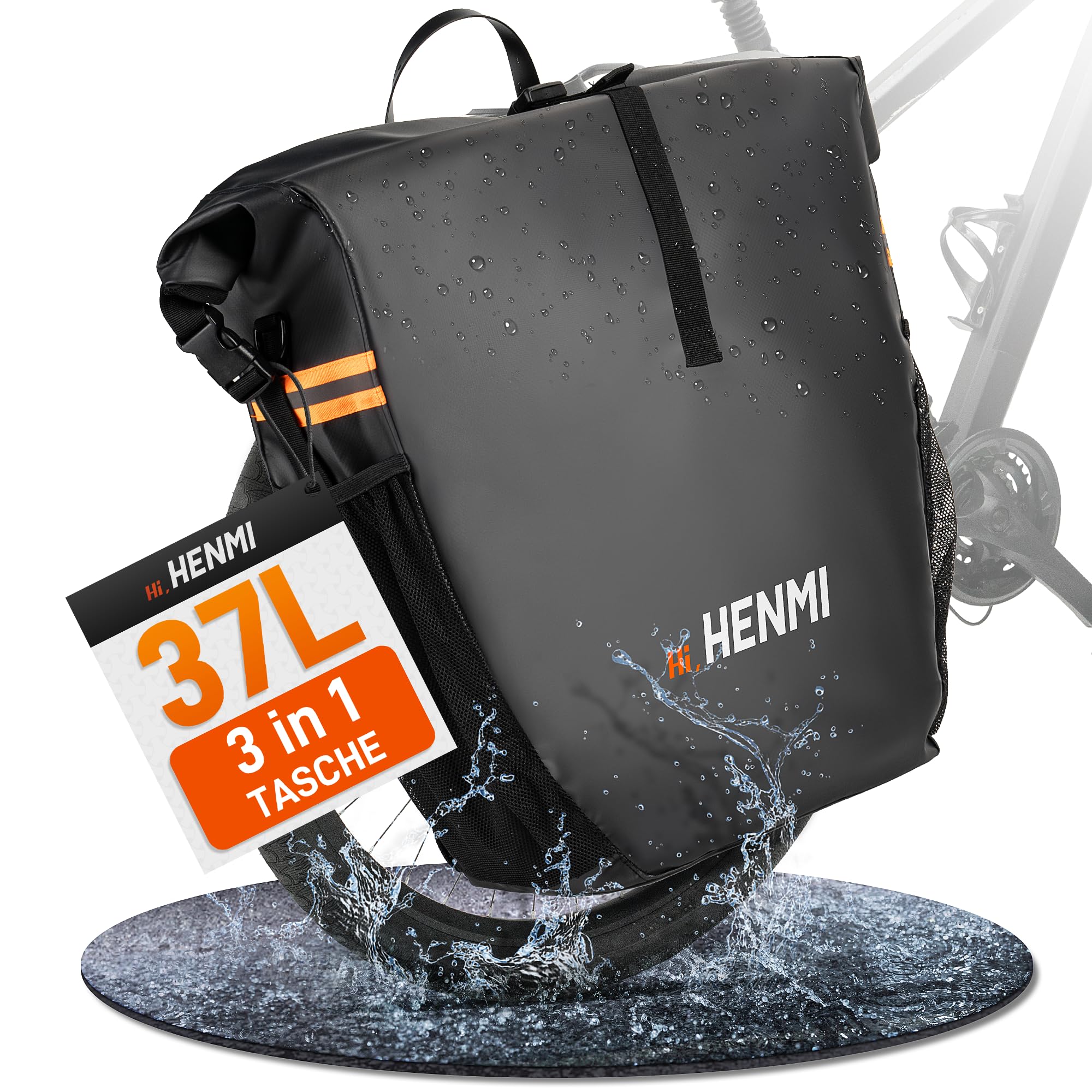 HENMI Fahrradtaschen für Gepäckträger, 3 IN 1 Fahrradtasche geeignet als Gepäckträgertasche, Rucksack, Umhängetasche, Fahrradtasche Gepäckträger mit Wasserdicht und Reflektierend Funktion (28L/37L)