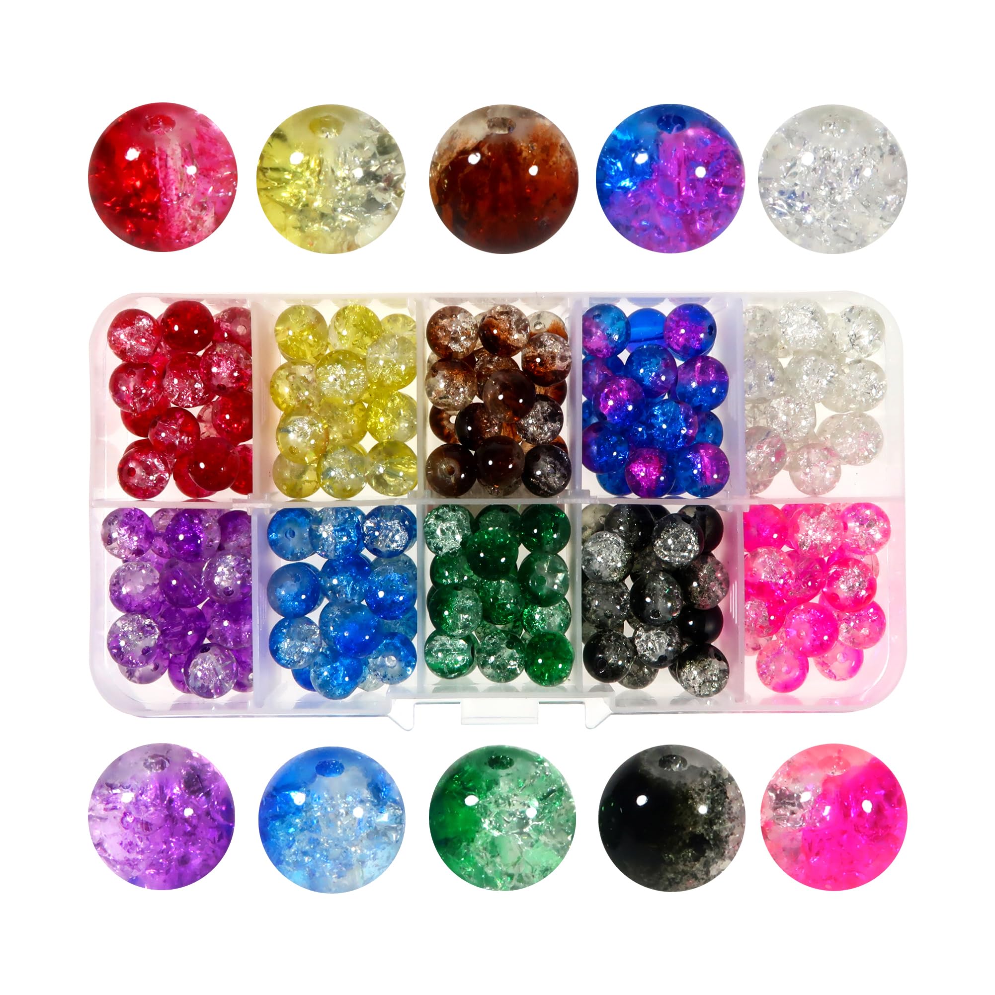 TOAOB 200pcs 8mm Mixed Crackle Glass Beads Kit Lampwork 10 Colors Glass Beads Round Loose Spacer Beads Craft Supplies for Bracelets Jewelry Making Accessories and DIY Crafts
