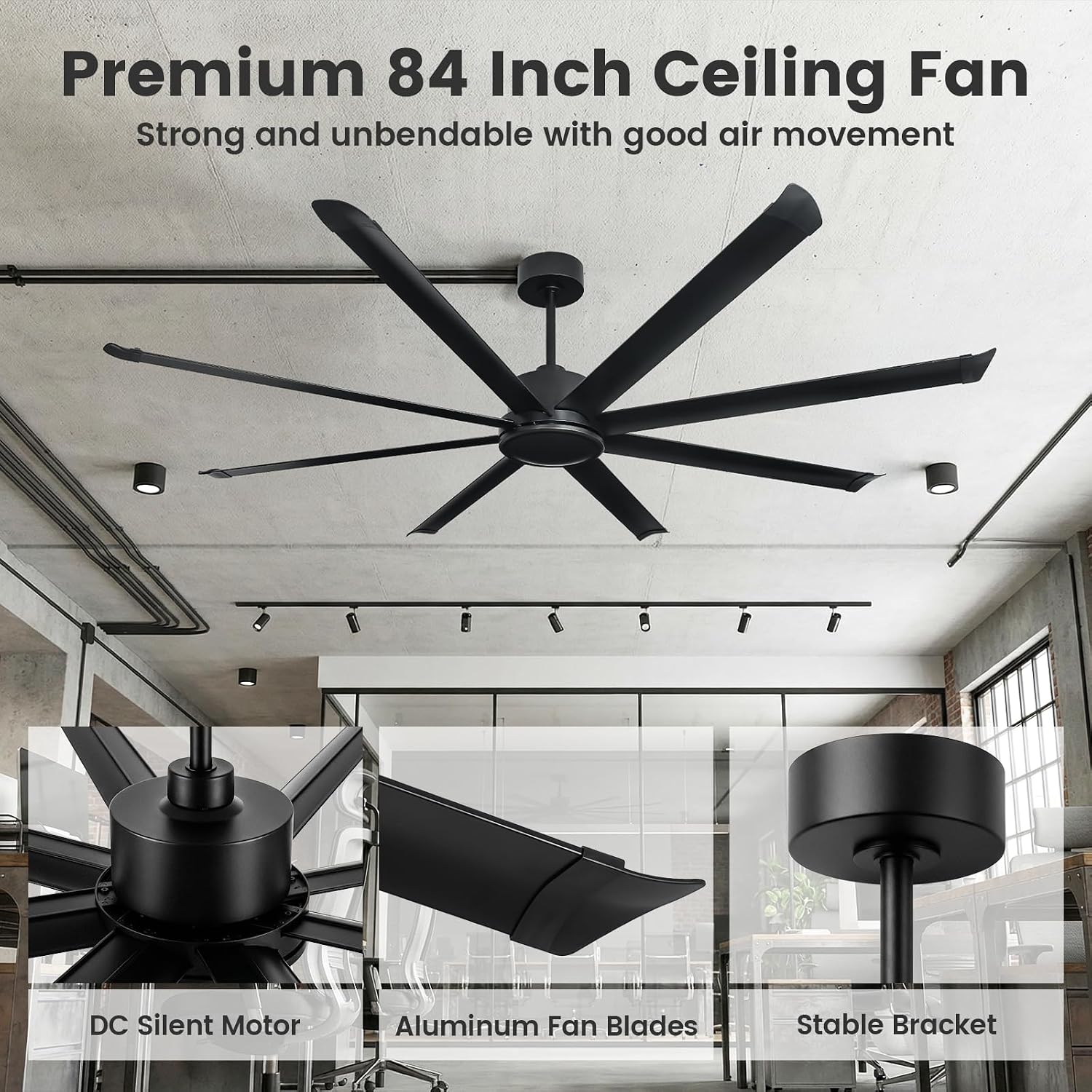 84-inch Industrial Ceiling Fan with 120W High-Power Motor, 6-Speed Remote Control, 8 Aluminum Blades, Quiet Reversible DC Fan for Garage, Gym,Shop