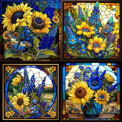 KICHANG Juego de 4 piezas de pintura de diamantes de girasol, kits de pintura de diamante 5D para adultos, kits de pintura de diamantes de bricolaje