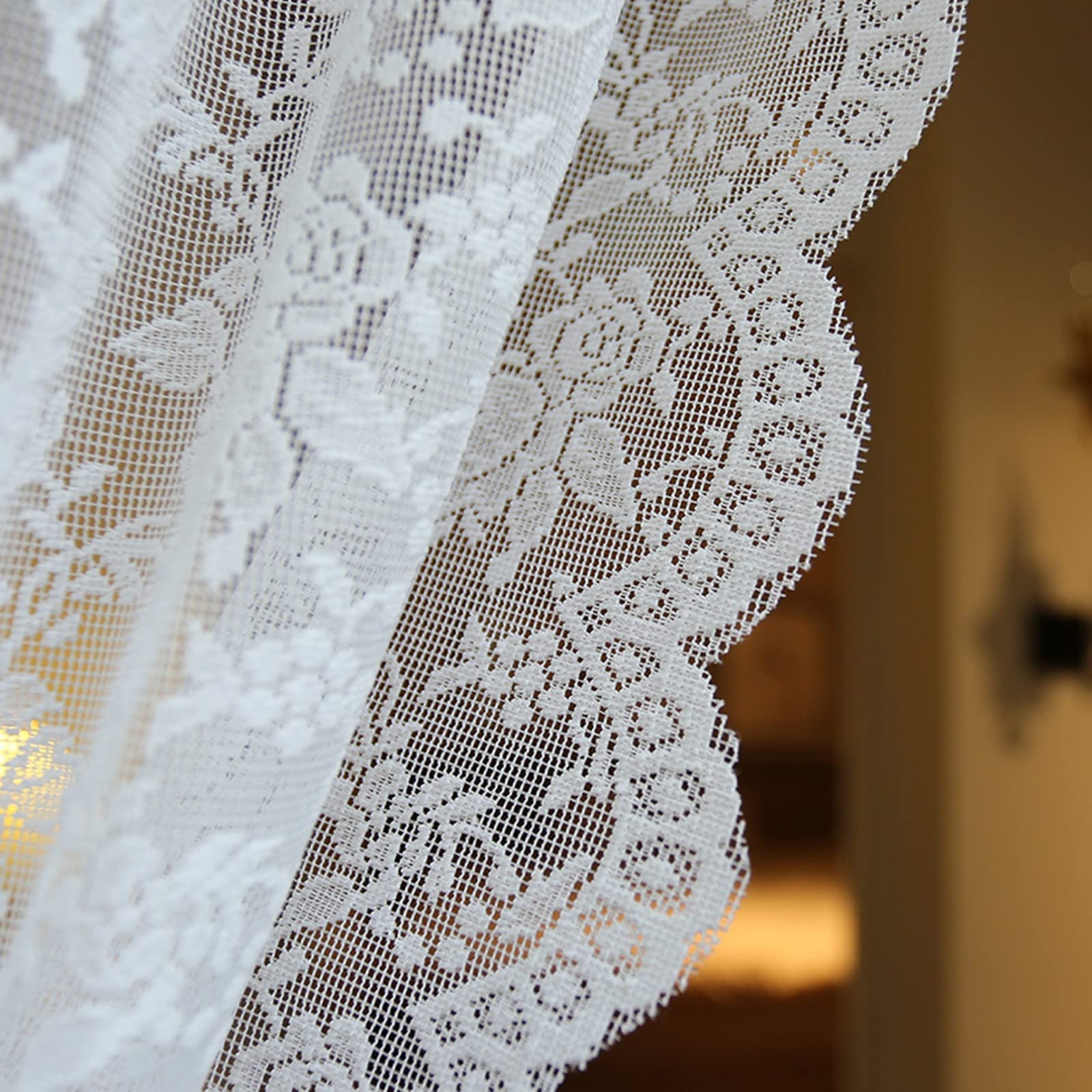 A.Monamour Rideau de Cuisine Court pour Petit Fenêtre 2 Panneaux Voile Blanc Transparent Voilage Rose Fleurs Broderie Dentelle Rideau Brise-bise Rideaux à Disques Cantonnières Demi Bistro Café