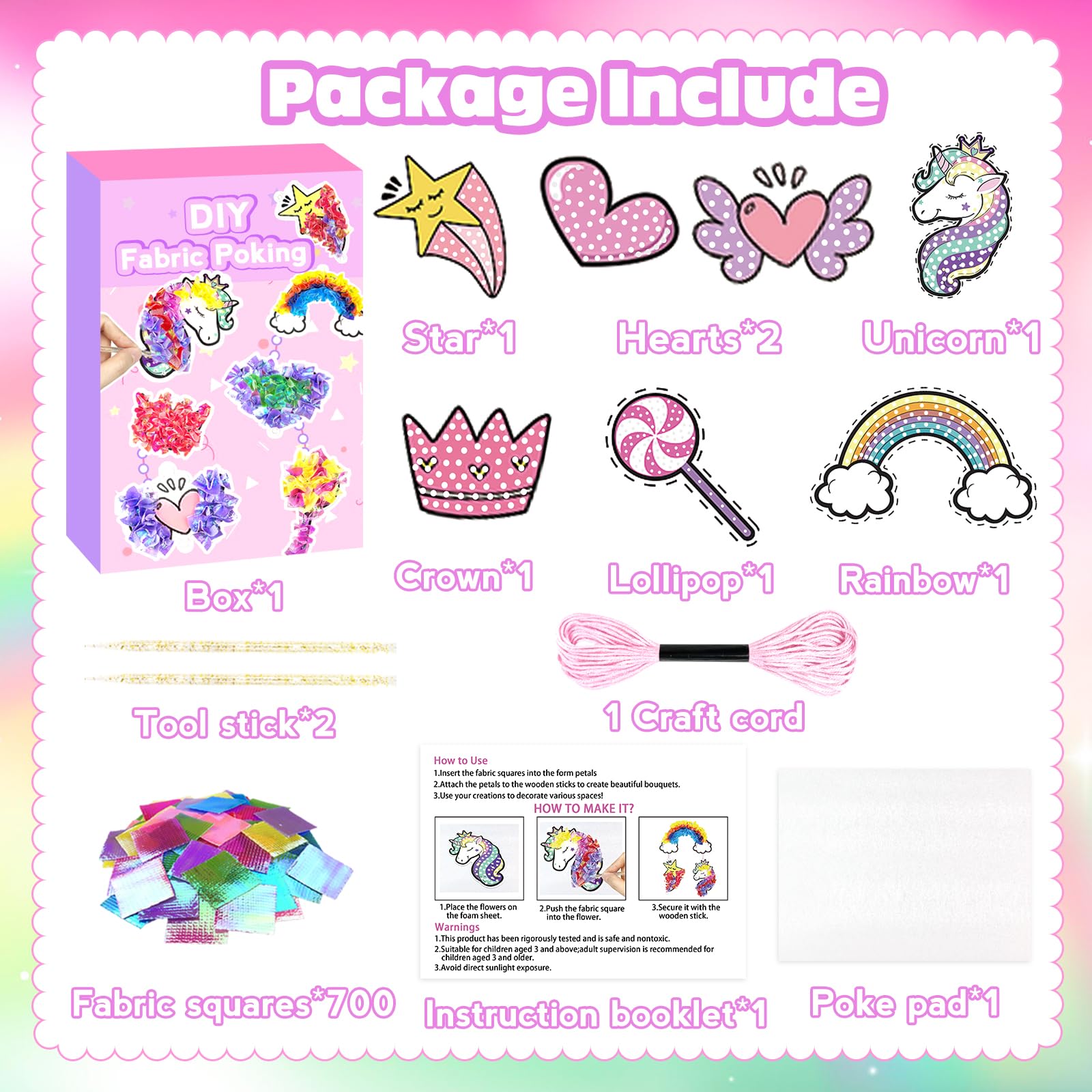 Poke Art Crafting Kit – Decoración Mágica De Sueños Con 700 Cuadrados De Tela – Actividad Creativa Sin Desorden Para Niños De 4 A 8 Años – Incluye Unicornio, Arcoíris, Estrella Y Más