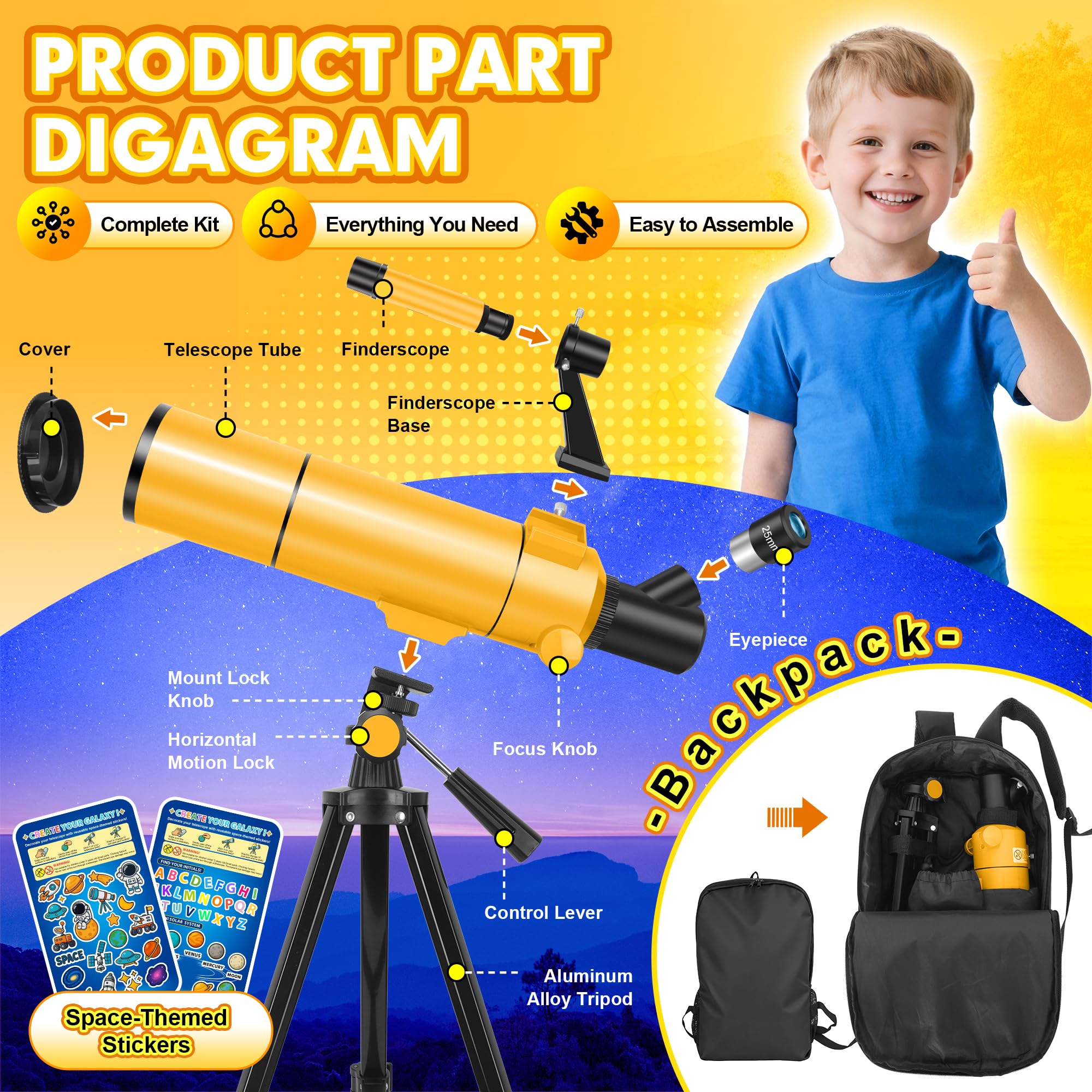 Télescope Astronomique Professionnel pour Adultes & Enfants Débutants, 80/500mm Télescope Réfracteur Portable avec Trépied Réglable, Adaptateur Téléphone, Sac à Dos & Autocollants Spatiaux