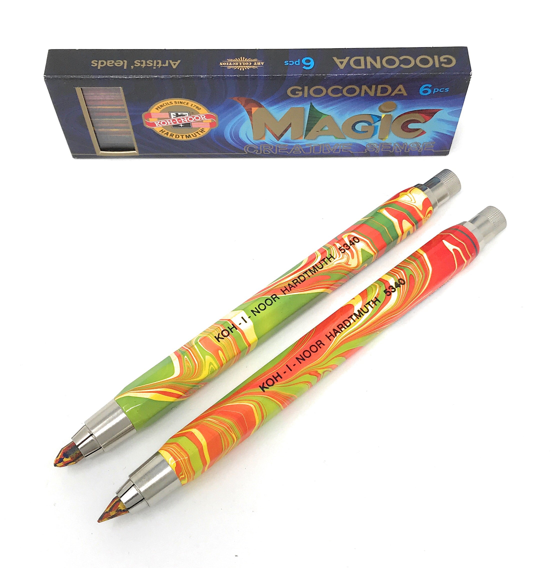KOH-I-NOOR Caso Lápiz/portaminas de metal con sacapuntas Mina de 5.6 mm Magic (Multicolor) Arco iris de lápiz Varias opciones, color multicolor 2 Magicstifte mit 6 Multicolorminen