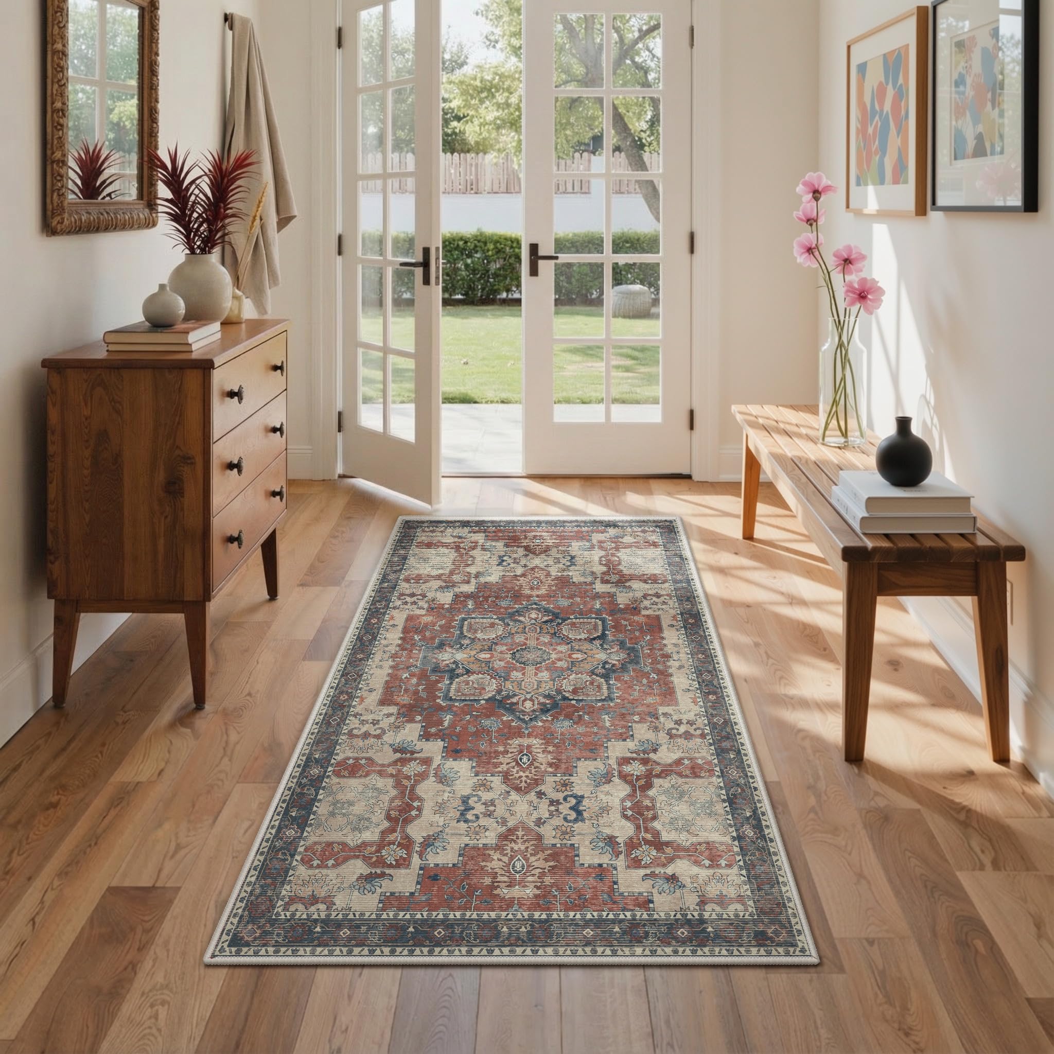 GENIMO Tappeto Persiano Vintage con Motivo a Rombi 80x150 cm per Corridoio | Rettangolare, antiscivolo, pelo corto, facile da pulire, stile persiano retrò boho, per ingresso, cucina e camera da letto