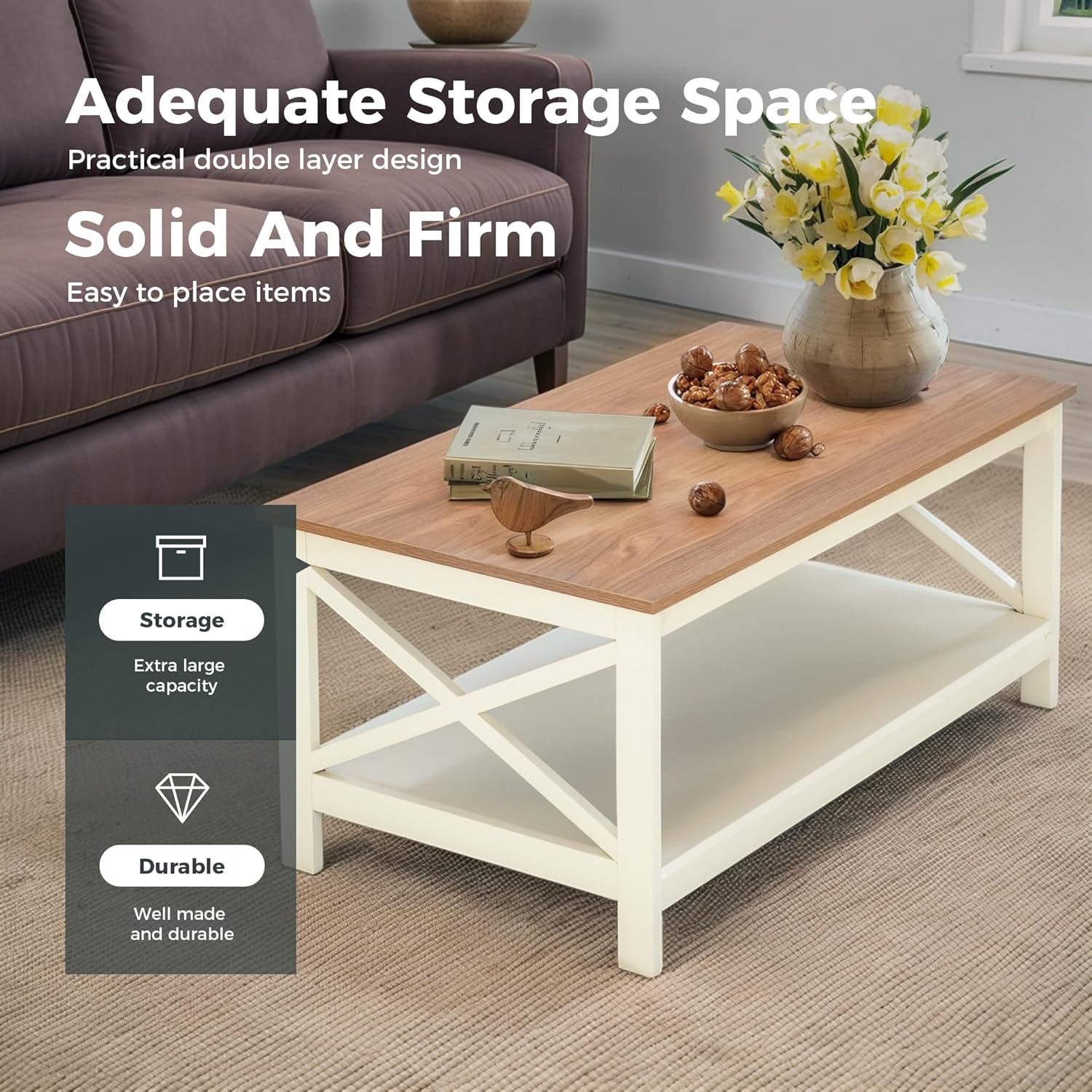 Farmhouse Coffee Table 39'', 2-Tier Coffee Table Set with