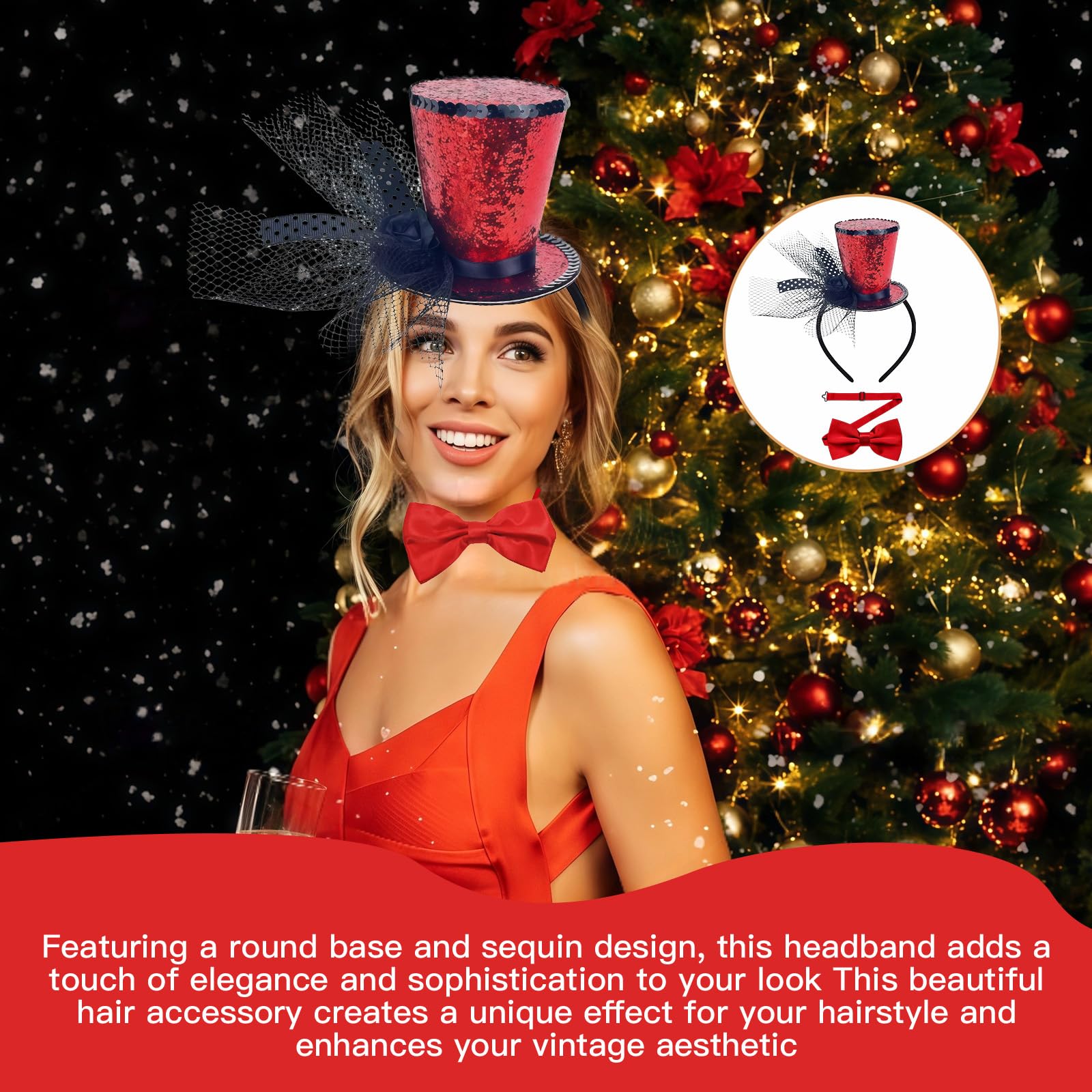 Mini sombrero de fiesta con banda para el cabello, adorno brillante de 19x8 cm, ideal para disfraces de Halloween, bodas y eventos retro, accesorio elegante para mujeres