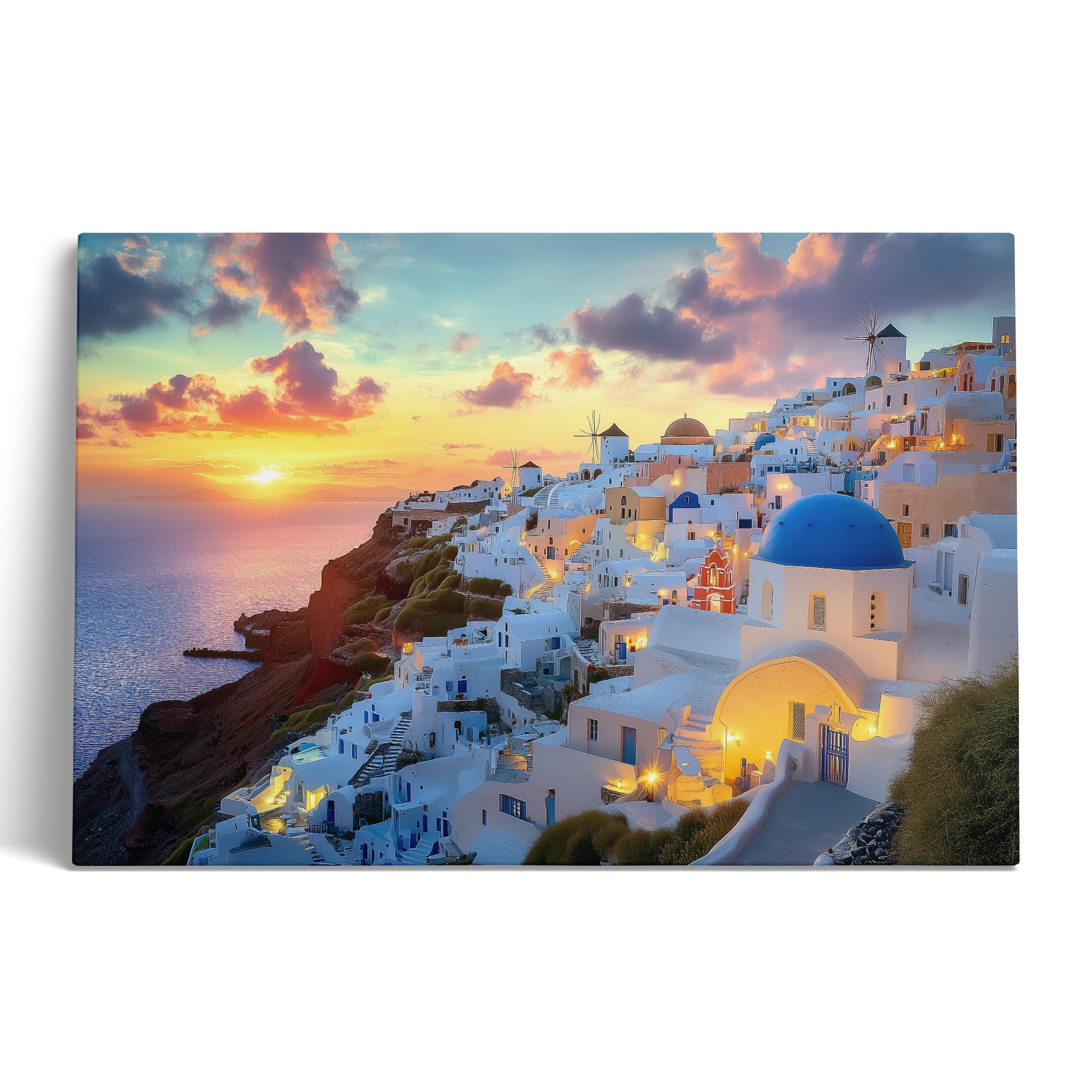 Santorini Nightscape Canvas Wall Art – Blue Dome Houses and Sunset Glow in Oia Village, Greece Island Coastal Photography Print for Bedroom, Living Room, Office Decor (Santorini Sunset Glow, 40x27, Wrapped Canvas)