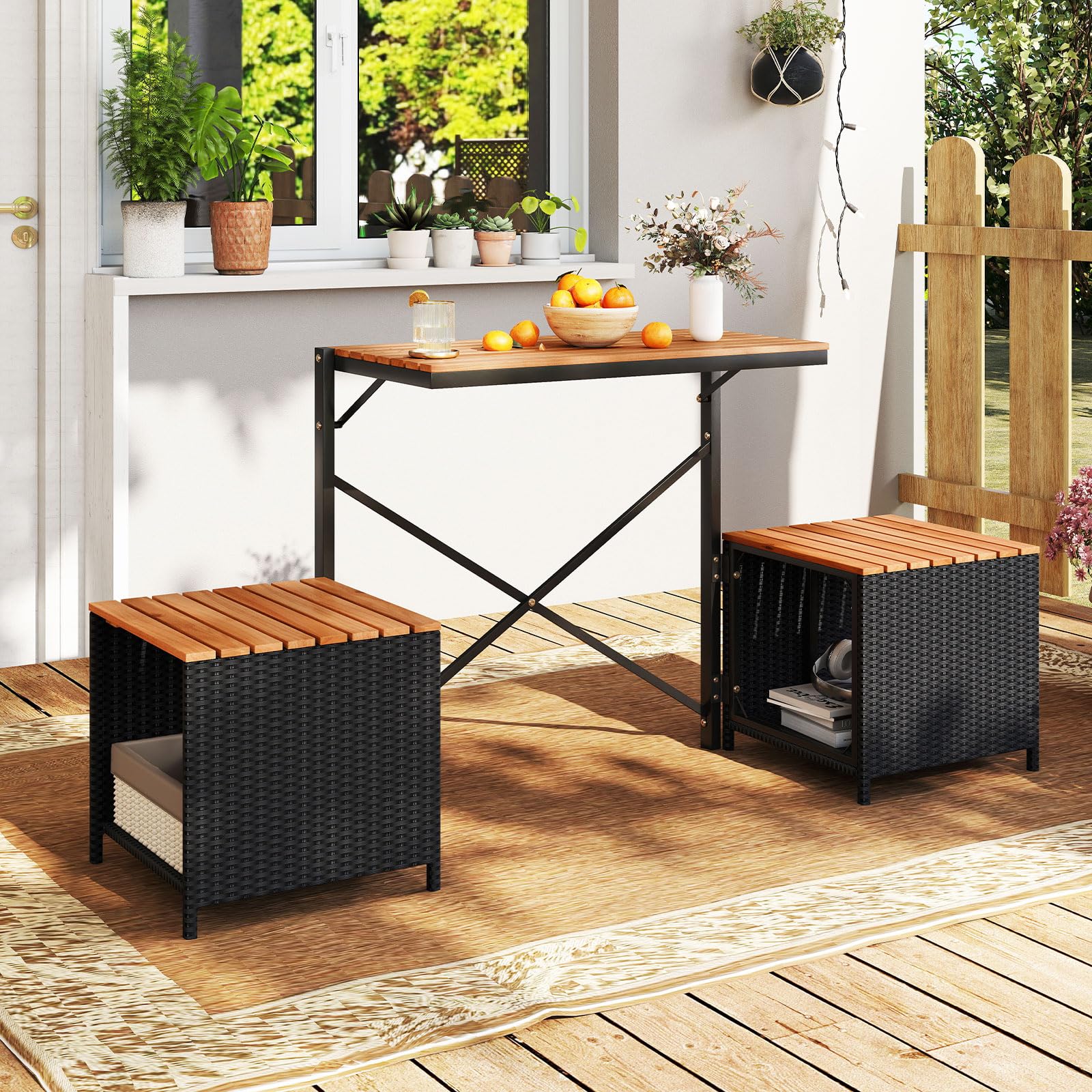 COSTWAY 2 in 1 Gartenbank, wandelbarer Picknicktisch & Sitzbank (Schwarz) | Balkonset, Balkonmöbel Kleiner Balkon, Sitzgruppe, Sitzgarnitur für Garten, Terrasse