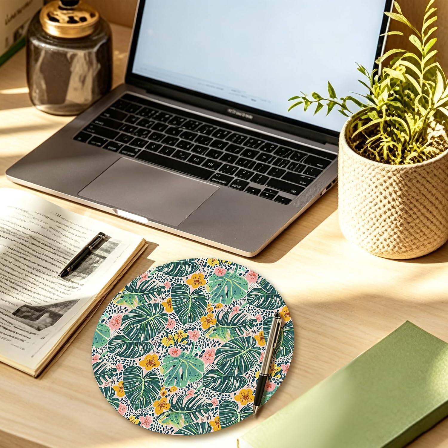 Tropical Beach Floral Monstera Leaves Round Mouse Pad 7.9x7.9in image 3