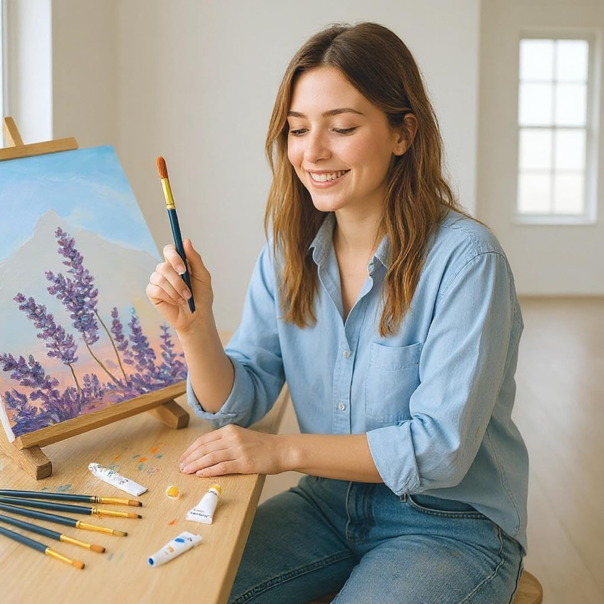 Acrylfarben-Set, 33-teilig, mit Staffelei aus Holz, 24 Tuben mit Acrylfarben, lebendige Farben, 12 ml, mit Leinwand zum Bemalen von 24 x 30 cm, plus 6 Pinsel und Palette