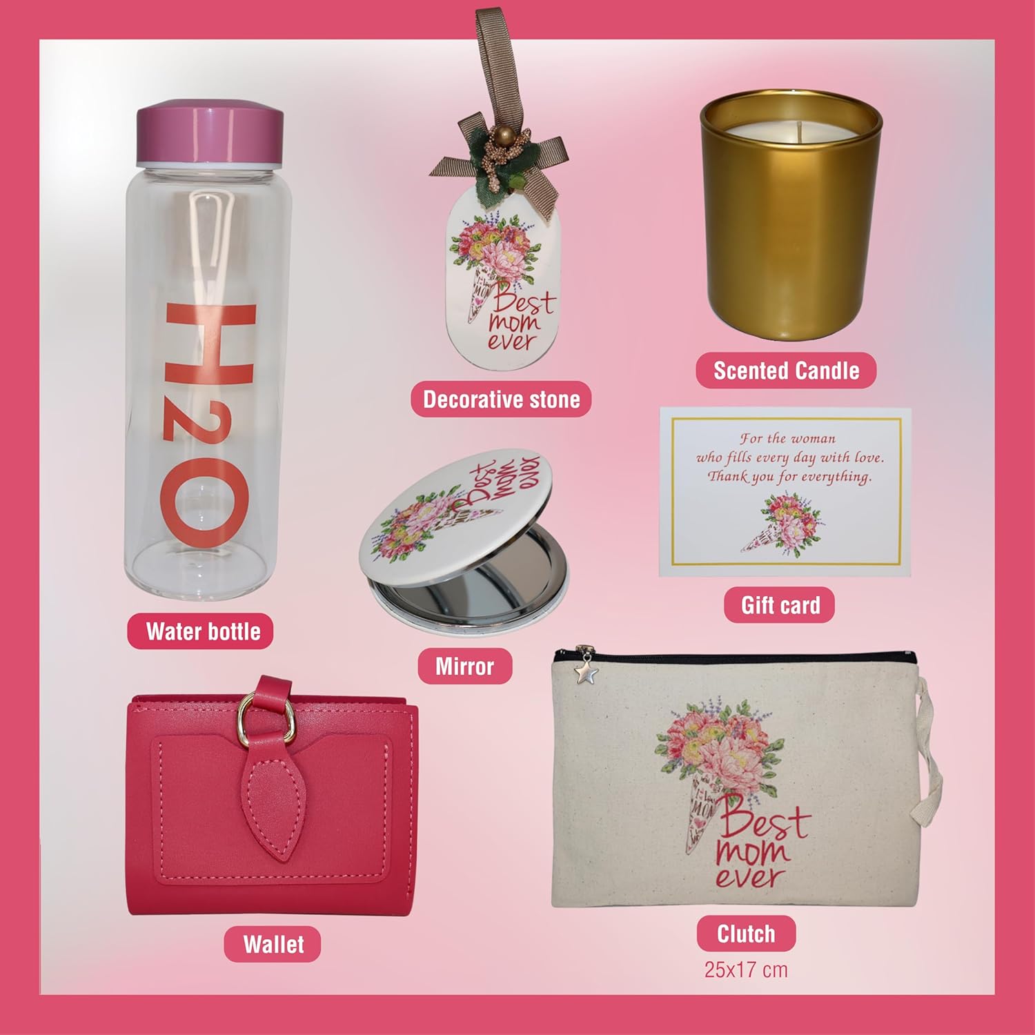 CharmLab Candle – Best Mom Thoughtful Gift Set for Women with Gold Glass Jar Candle, Clutch, Water Bottle, Compact Mirror – Mother’s Day, Women’s Day & Birthday