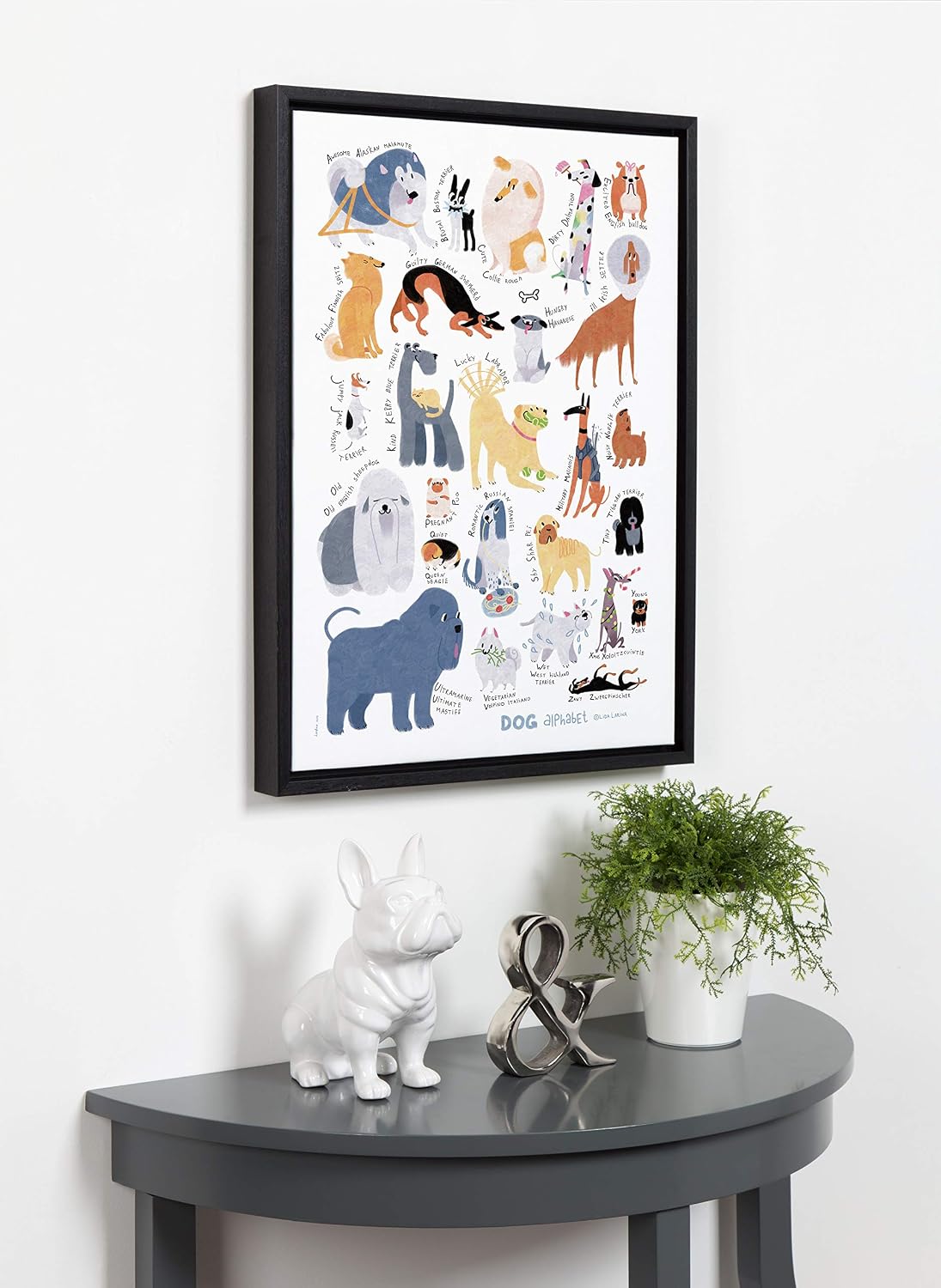 Kate and Laurel Sylvie Dog Alphabet Art Framed Canvas Wall Decor by LIDA Larina, 18x24 Black